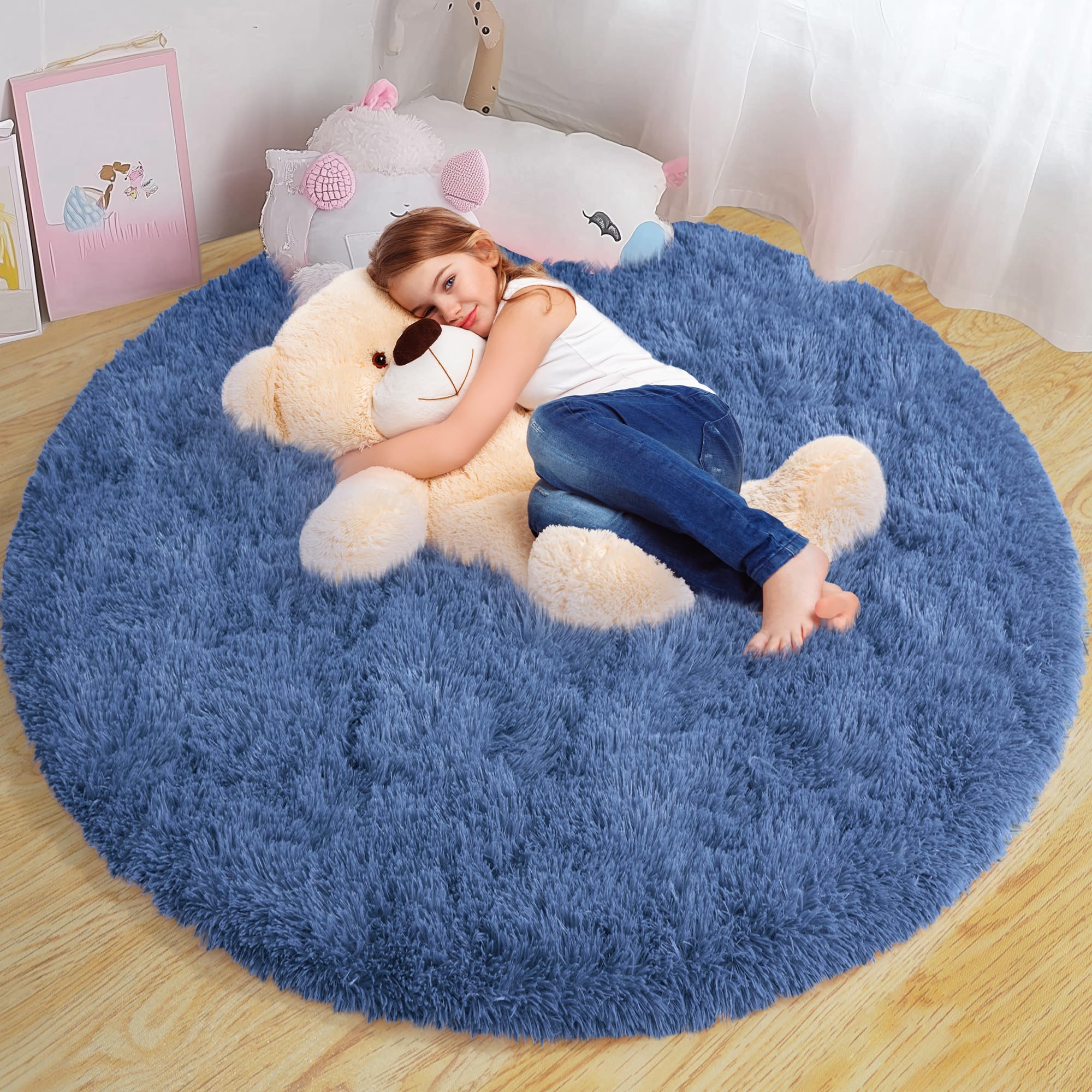 Xexsin Round Fluffy for Bedroom Rugs, 4Ft Navy Blue Shag Circle Rug Non-Slip for Kids Girls Boys Bedroom Dorm Nursery Playroom, Soft Cute Area Rugs