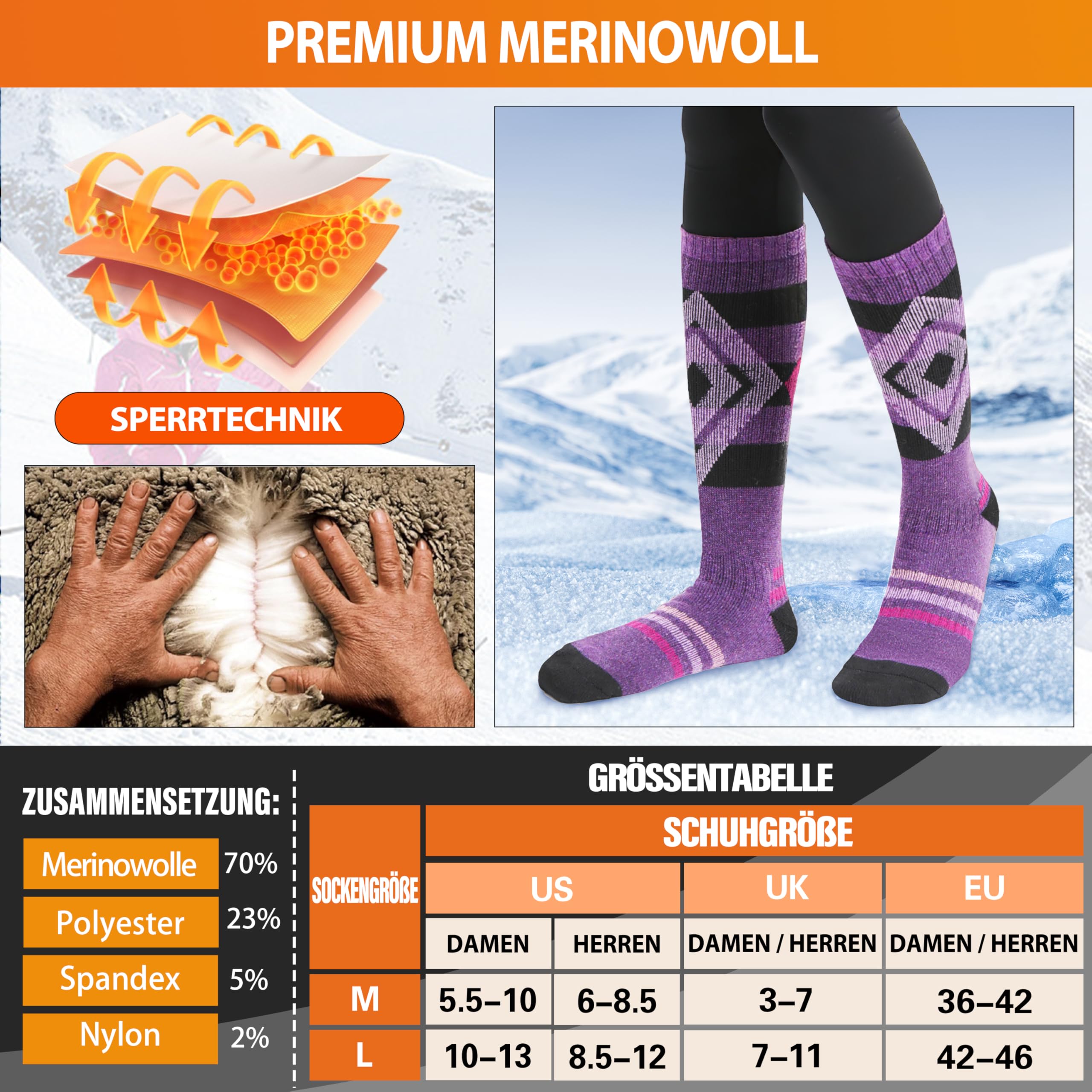 Welwoos Merino Wollsocken Skisocken Warme Thermosocken Dicke Thermo Wintersocken für Damen Herren Winter Ski Socken 3 Paare