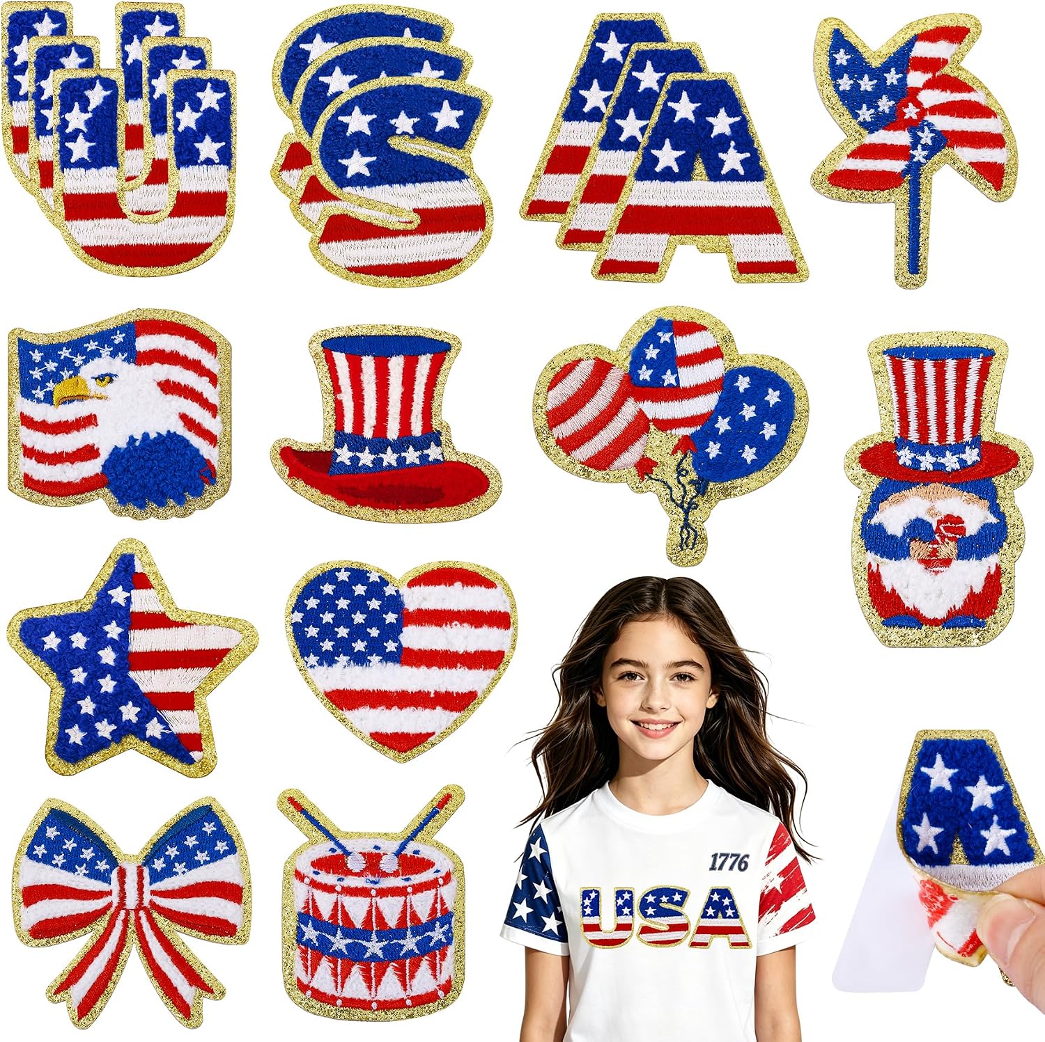 18 Pcs USA Patches 4th of July Patches Self Adhesive Independence Day Patch Patriotic American Flag Sticker for 250th Anniversary Memorial Day Embroidered Stick on Chenille Letter Patch for Hats Bags