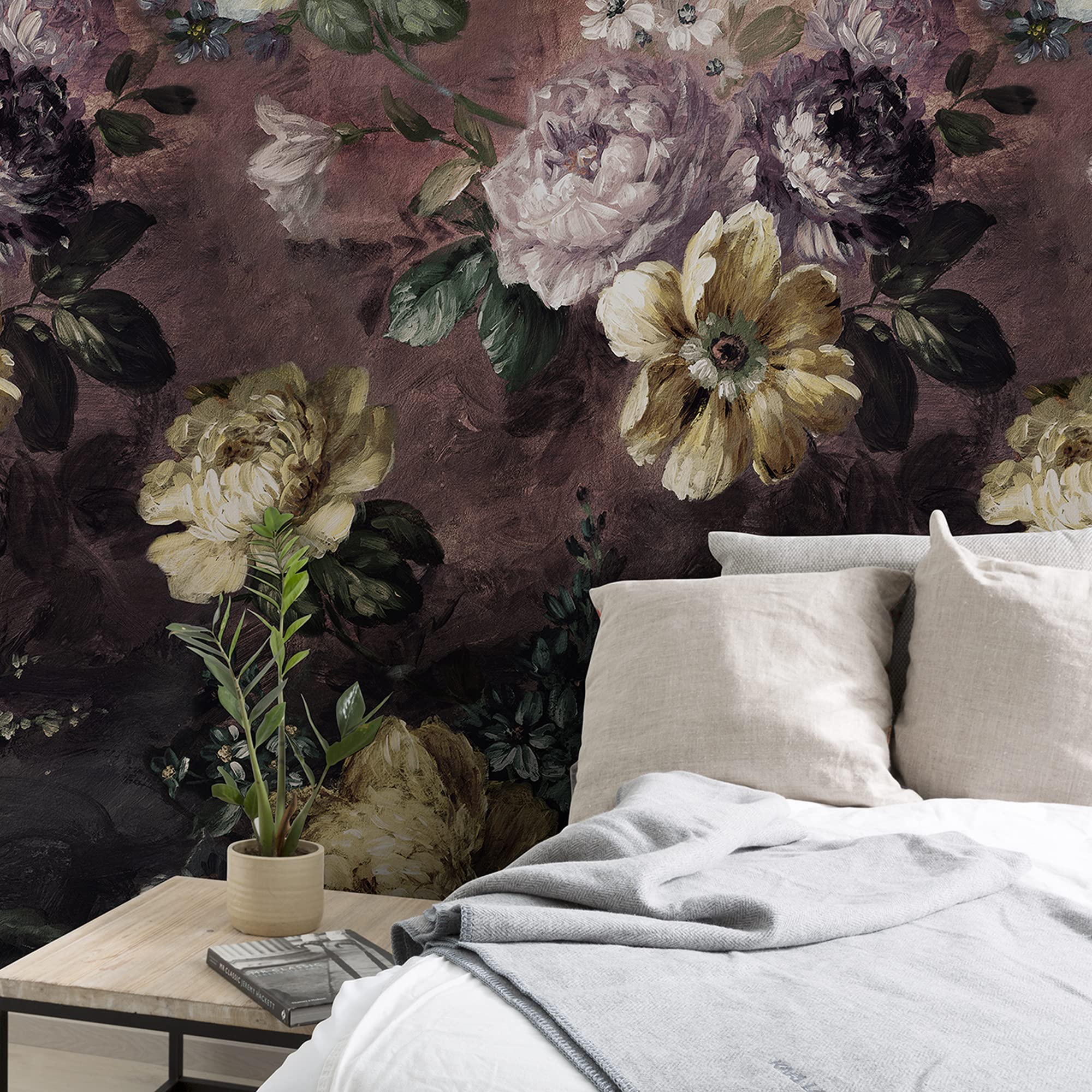 Grandeco Painted Flowers Burgundy Repeatable Wallpaper Mural 159 x 280cm
