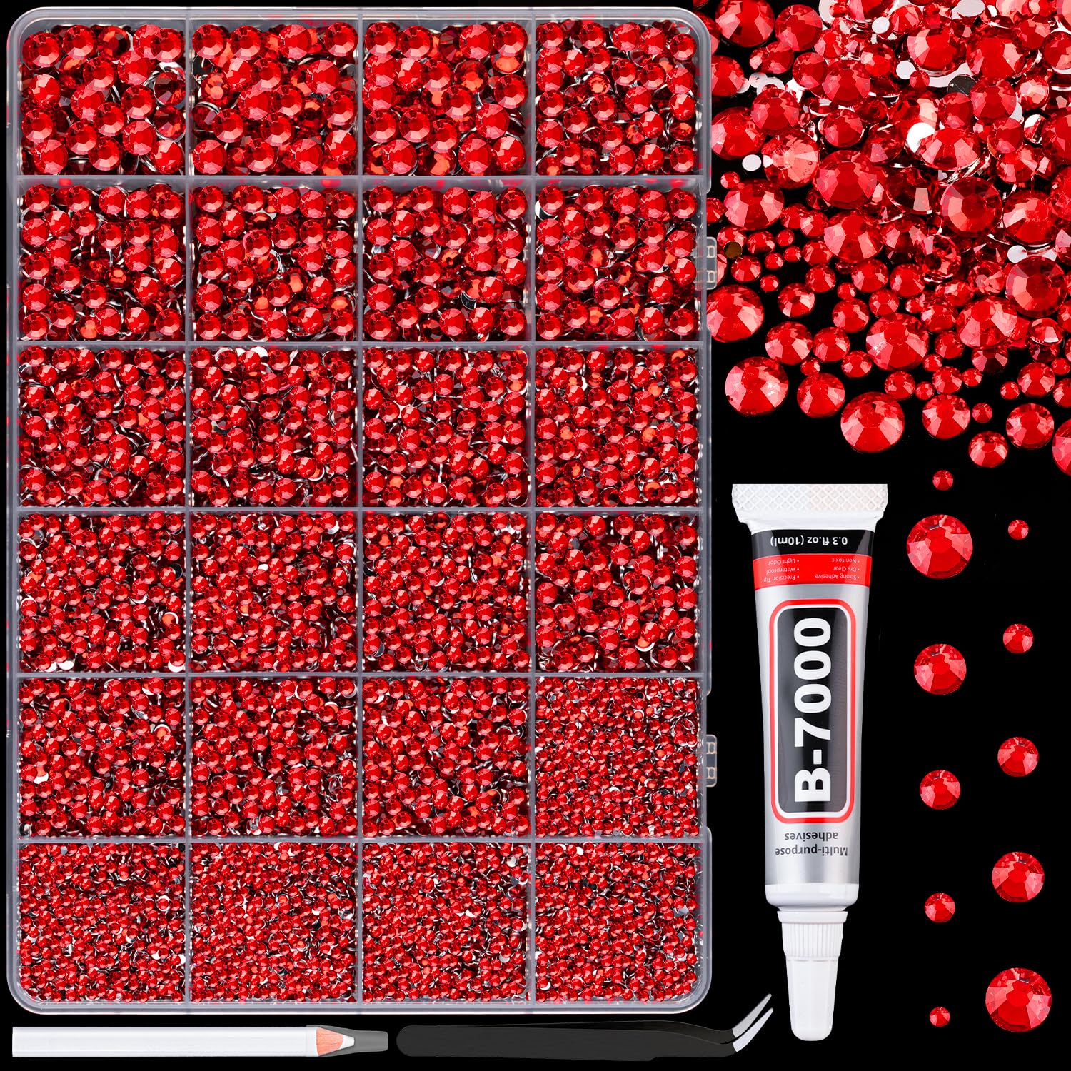 25000Pcs Resin Rhinestones for Crafting, Red 2-6mm Mixed Sizes Non Hotfix Flatback Gems with 1Pcs Glue, Bedazzling Crystal for DIY Craft Clothing Mugs