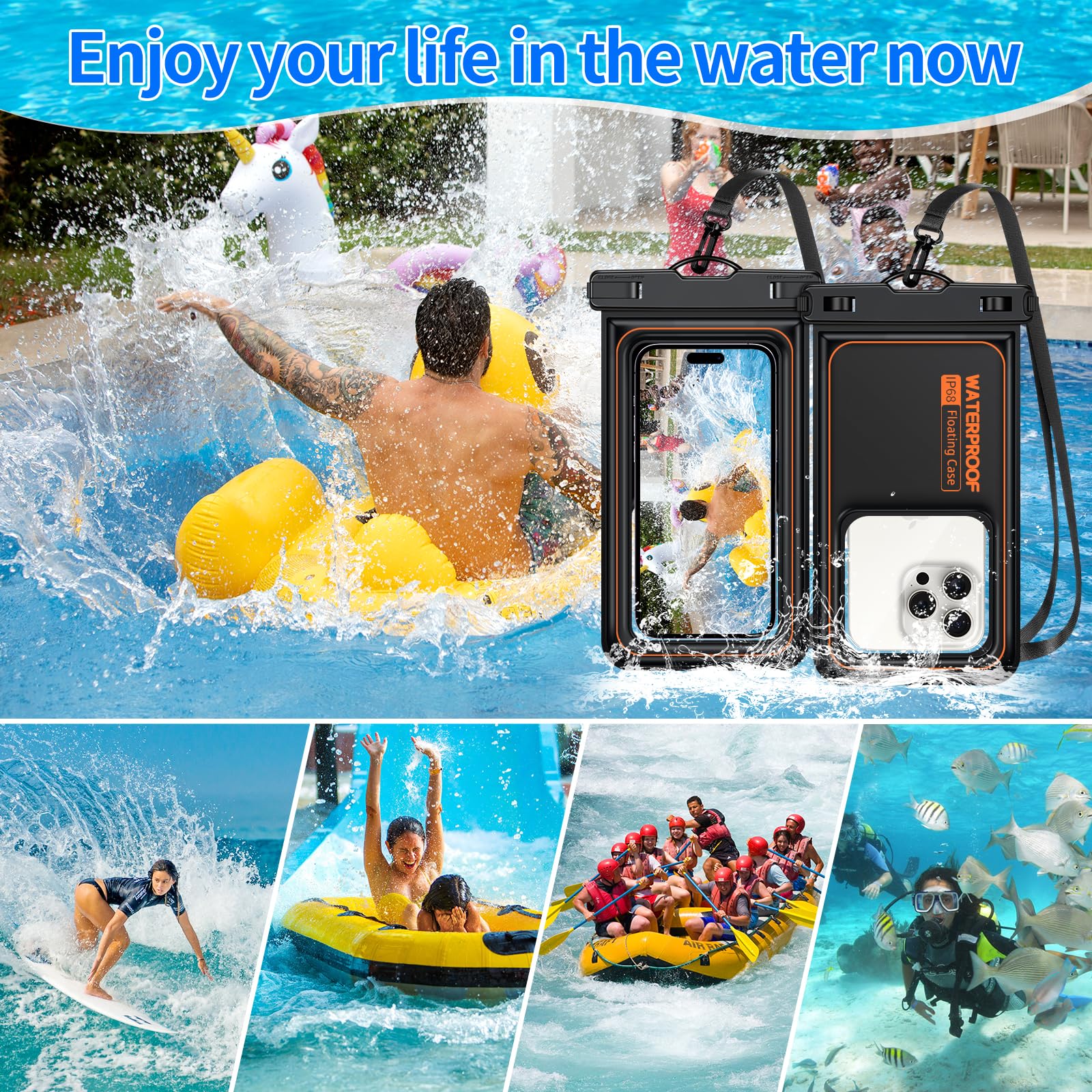 Zestaw 2 wodoodpornych etui na telefony komórkowe IP68 z wyściółką do pływania,dla iPhone 15 14 13 Pro Max,Galaxy S23 S22 itp,fotografia podwodna dla smartfonów o przekątnej do 7,2 cala