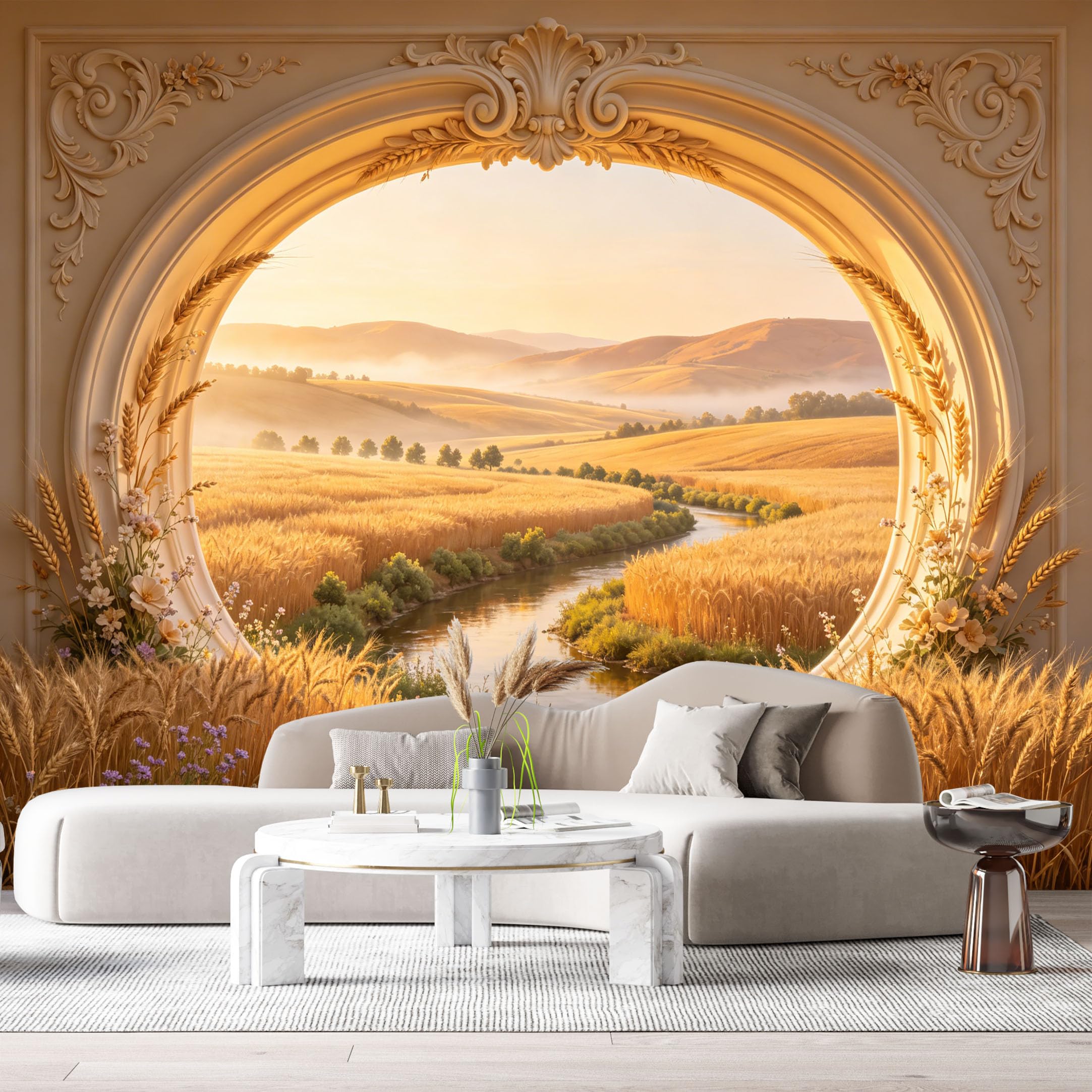 Custom Size Wall Murals Neoclassical Landscape Wheat Field River 3D Trompe L'Oeil SelfAdhesiveWall Fabric Removable Wallpaper Wall Decor for Living Room Bedroom Bathroom