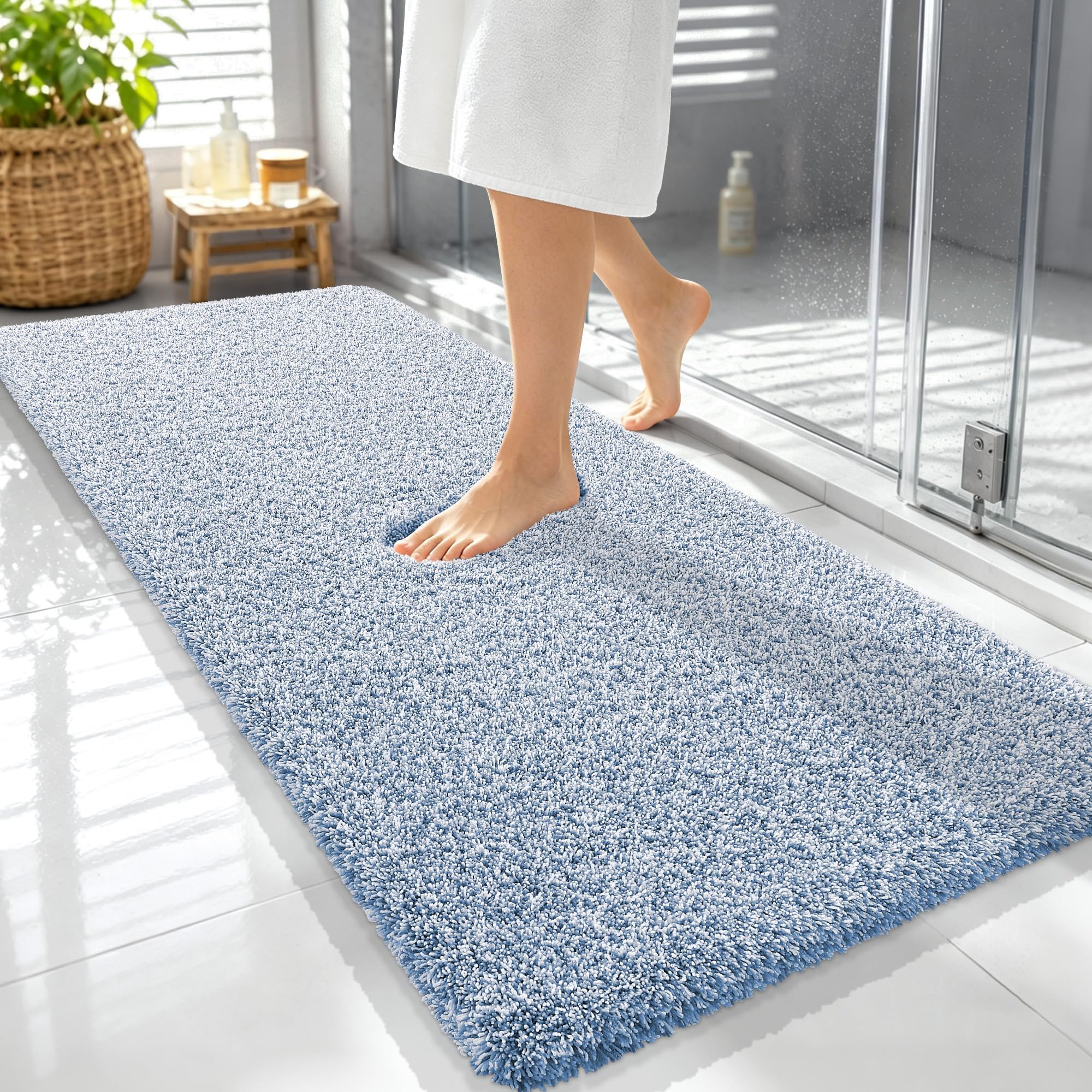 OLANLY Microfiber Soft Bathroom Rugs Mats 59x24, Cornflower Blue and White