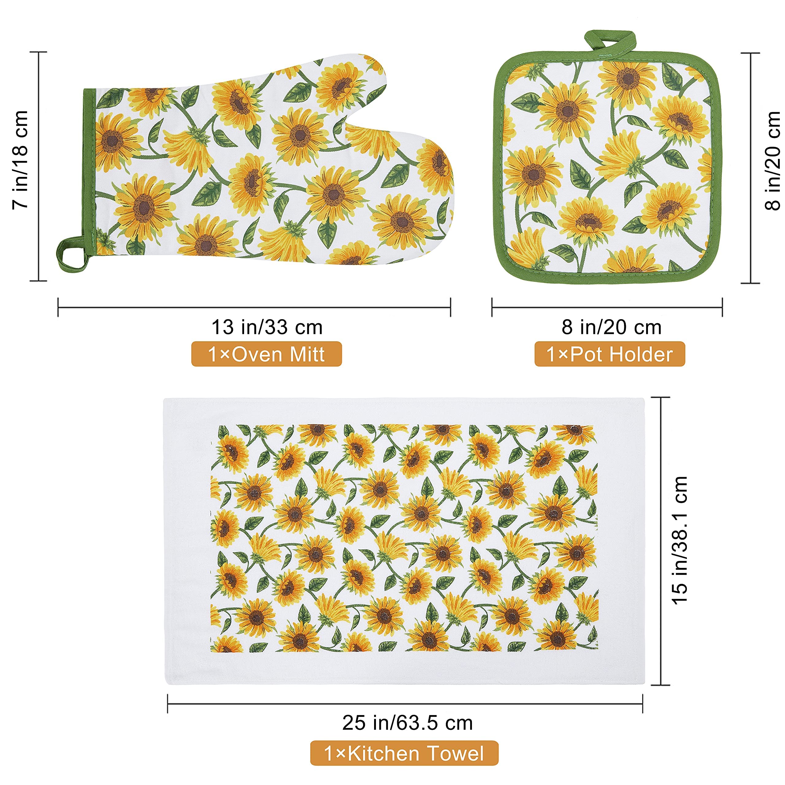Juego de manoplas de horno y agarraderas, 100% algodón, perfecto para regalo, hornear y cocinar todos los días, duradero, resistente al calor, para cocina y lavable a máquina (3 piezas, girasol)