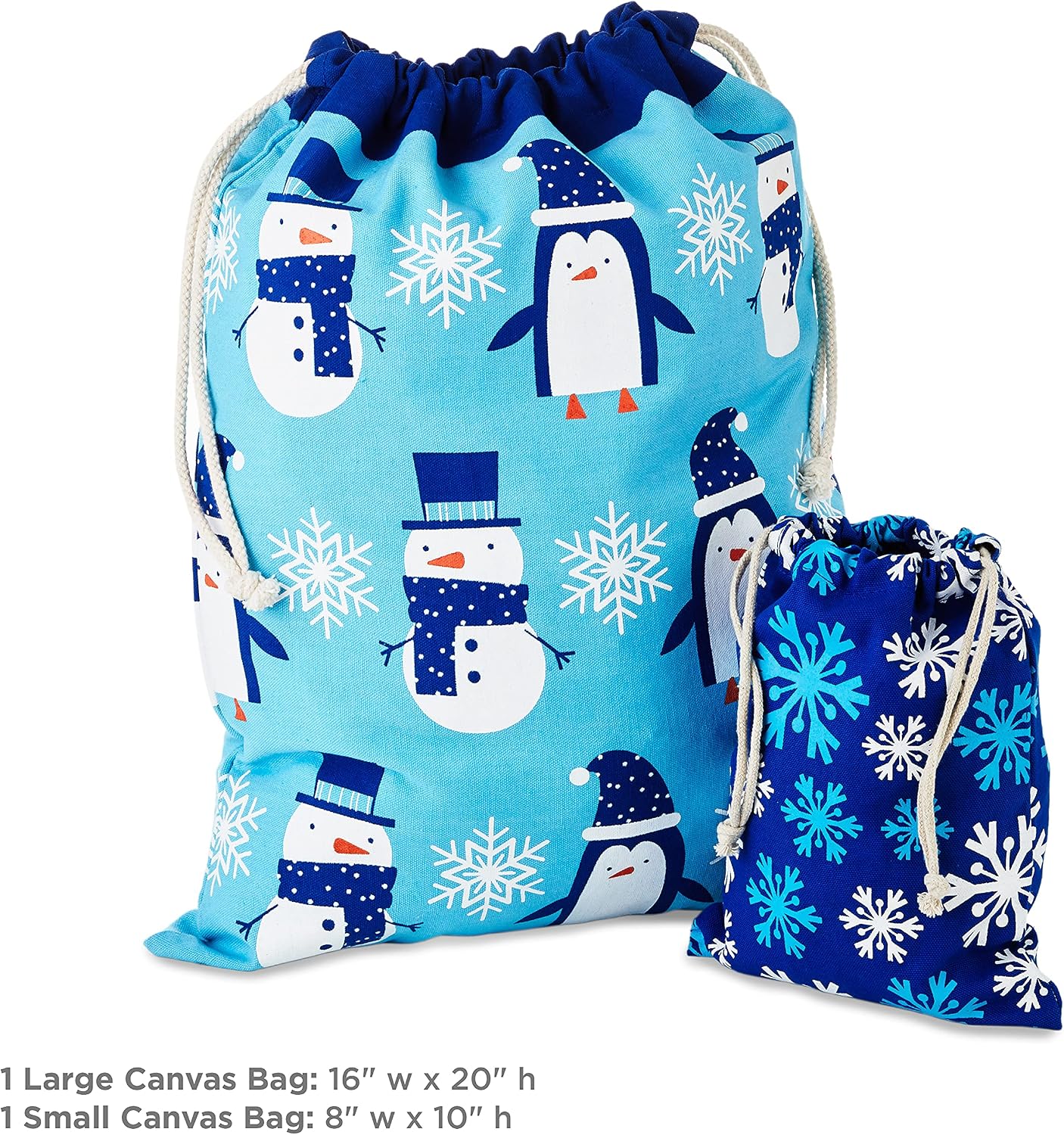 Hallmark Blue Drawstring Gift Bag Bundle (2 Fabric Gift Bags: 1 Medium 10", 1 Large 19") Snowmen, Penguins, Snowflakes for Christmas, Hanukkah, Holidays, Birthdays