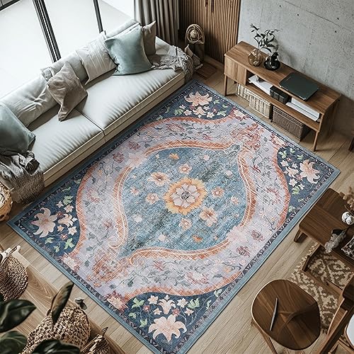 Washable Vintage Rugs 8x10 for Living Room Large Area Rugs Non Slip Rug Stain Resistant Low Pile Rug for Kitchen Bedroom Dining Room (Teal/Multi,8x10ft)