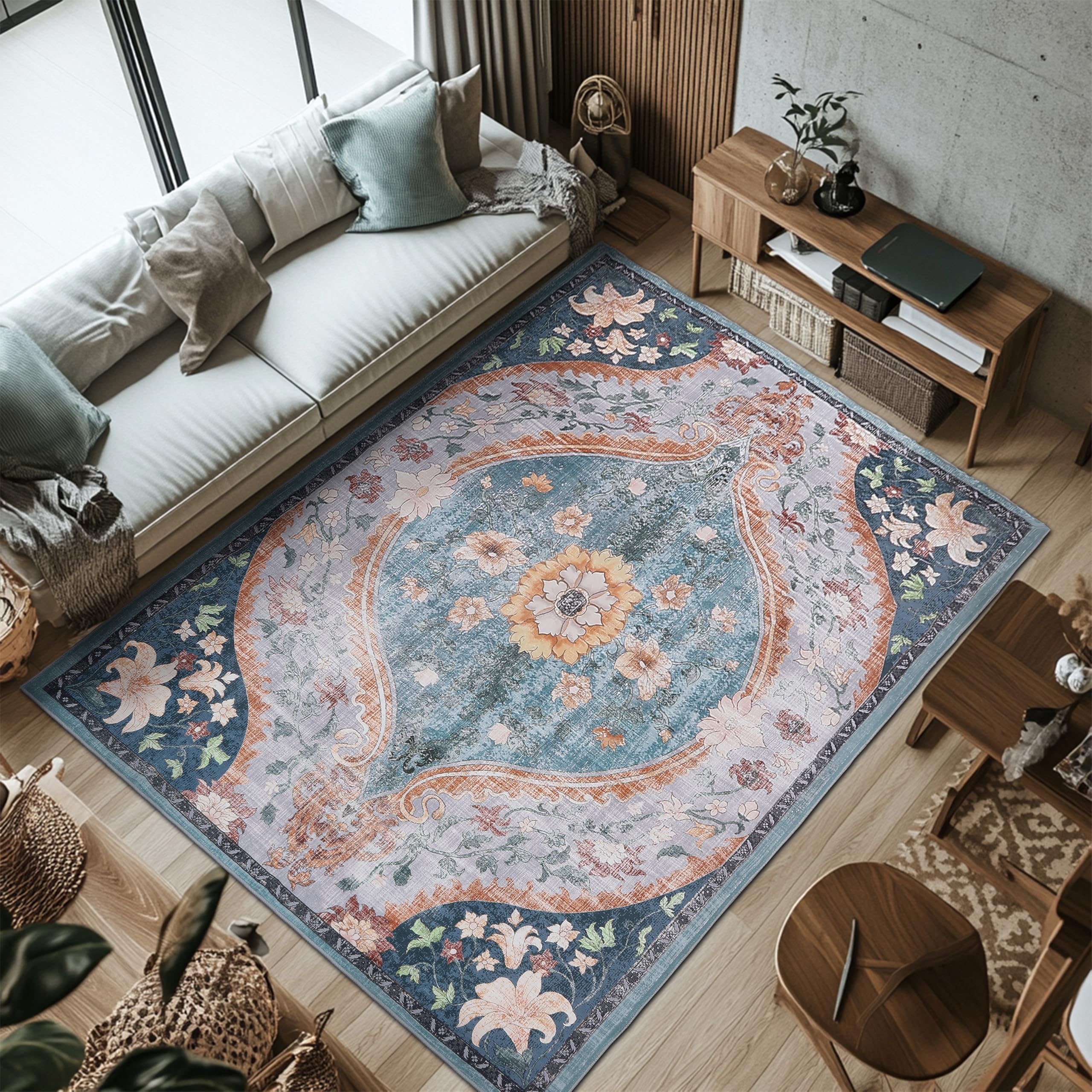 Washable Vintage Rugs 8x10 for Living Room Large Area Rugs Non Slip Rug Stain Resistant Low Pile Rug for Kitchen Bedroom Dining Room (Teal/Multi,