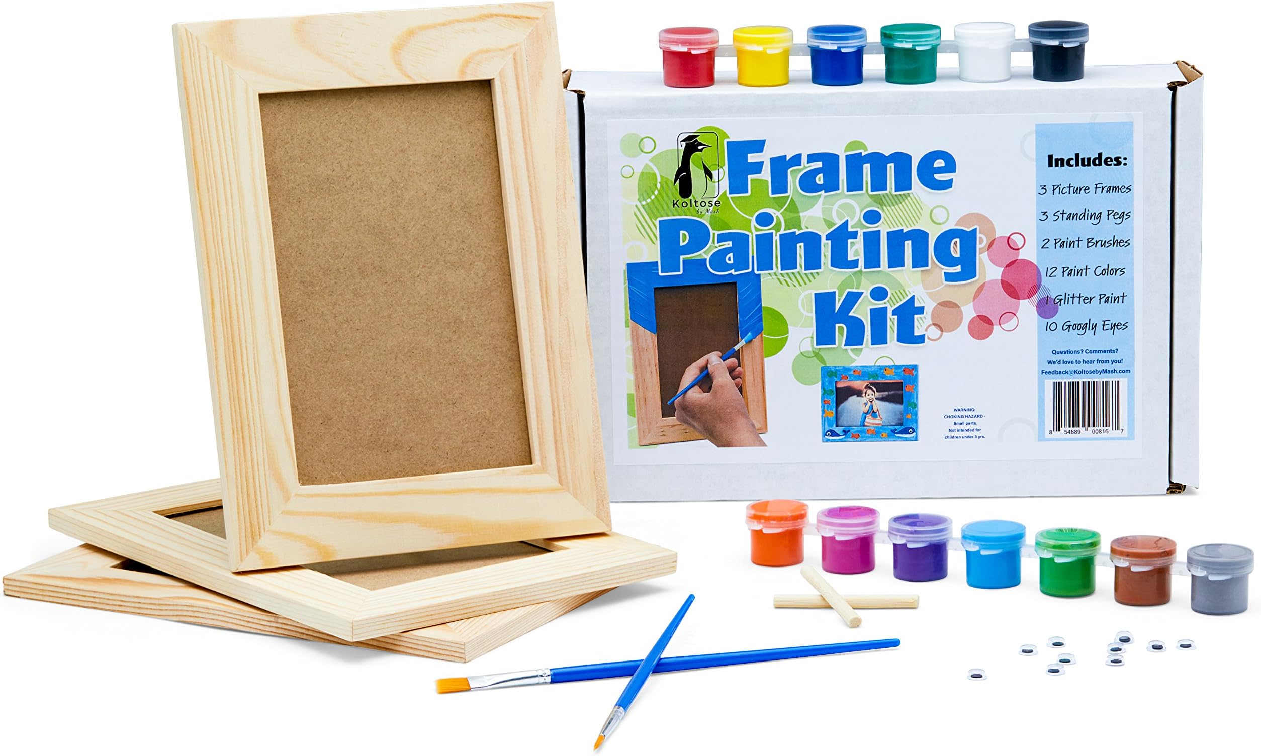 Picture Frame Painting Craft Kit, DIY Arts and Crafts Kit, 3 Unfinished Solid Wood Picture Frames (6X4 Photos) With Wooden Standing Pegs, Acrylic Paint, Glitter Paint, Paint Brushes, and Googly Eyes