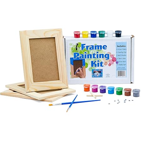 Picture Frame Painting Craft Kit, DIY Arts and Crafts Kit, 3 Unfinished Solid Wood Picture Frames (6X4 Photos) With Wooden Standing Pegs, Acrylic Paint, Glitter Paint, Paint Brushes, and Googly Eyes