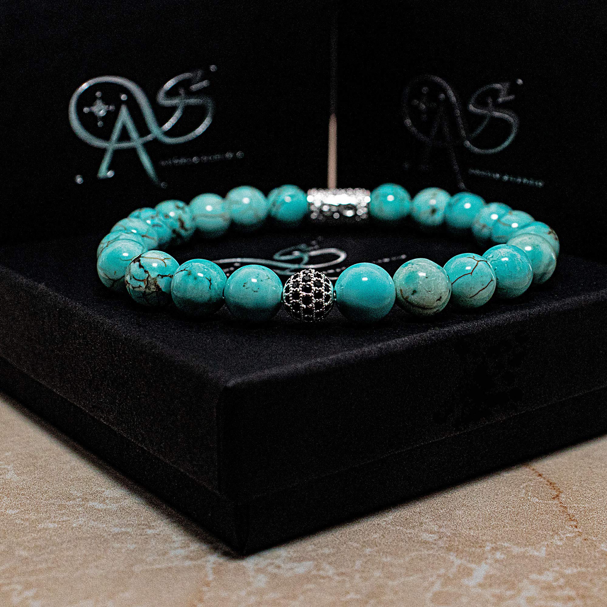 Türkis 925 Sterling Silber Armband Bracelet Perlenarmband Beads Silver Black Kugel 8mm Cubic Zirkonia