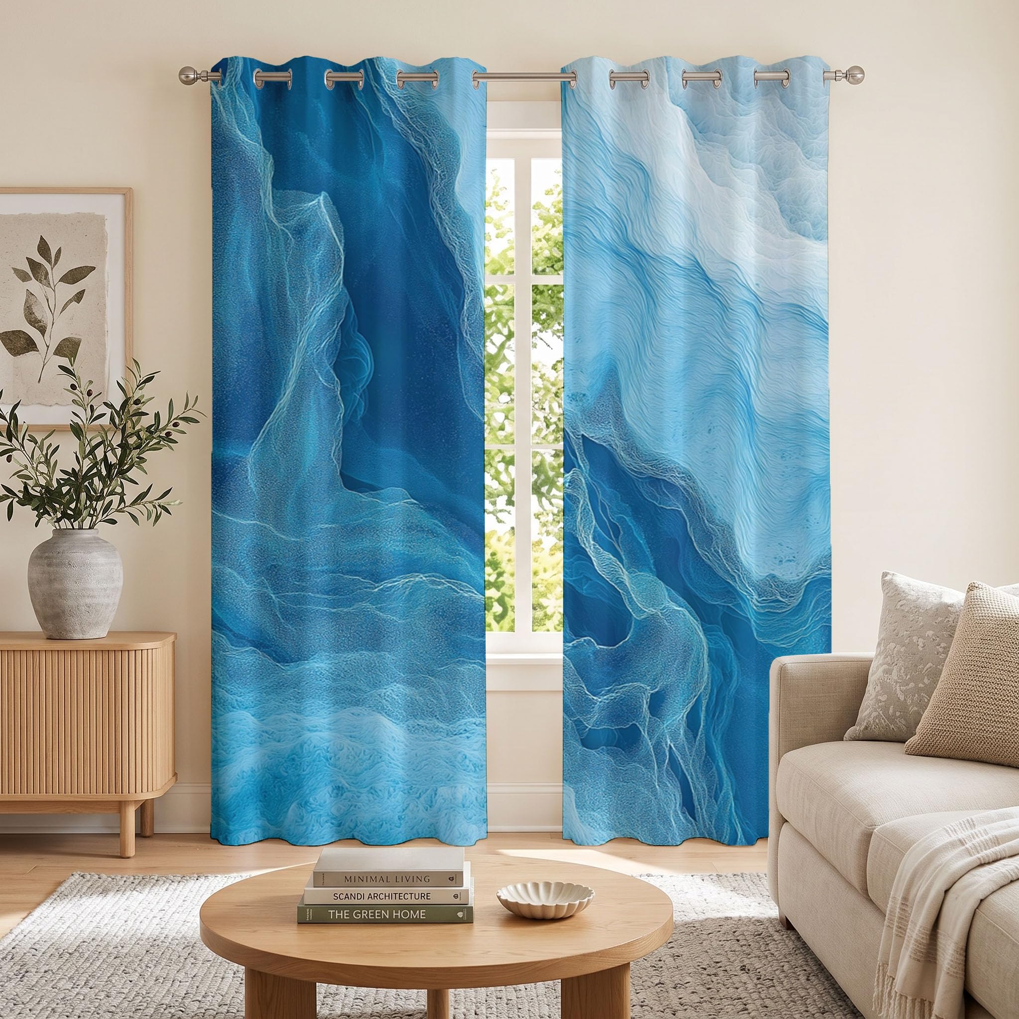 Estilo Tinta Fluida Cortinas Opacas De Ondas Abstractas Salon Dormitorio Decoración De La Ventana, 2 Piezas Cortinas Ollaos Azul Cielo, Aislantes Frio Y Calo 140An X 245Al Cm