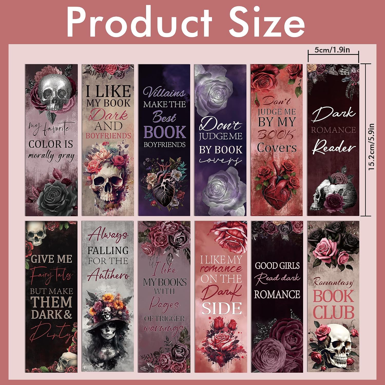 Gothic Dark Romance Bookmarks: 24 PCS Dark Romance Merchwith Skull Rose Design, Romantasy Fairytale Book Mark Page Clips for Reading Women, Bookish Gifts for Novels Dark Literature Readers image 2
