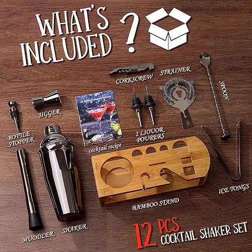 Miniatura 2 de Juego de coctelera de camarero juego de herramientas de barra de 12 piezas con soporte de bambú  Juego de bar con todos los accesorios prácticos de