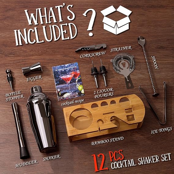 Cocktail Shaker Set Bartender Kit : 12-Piece Bar Tool Set with Bamboo Stand | Bar Set with All Practical Bar Accessories, for Drink Mixing, Bar, Home, Lounge & Party (Titanium Grey)
