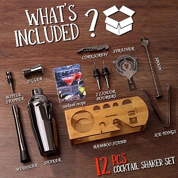 Cocktail Shaker Set Bartender Kit : 12-Piece Bar Tool Set with Bamboo Stand | Bar Set with All Practical Bar Accessories, for Drink Mixing, Bar, Home, Lounge & Party (Titanium Grey)
