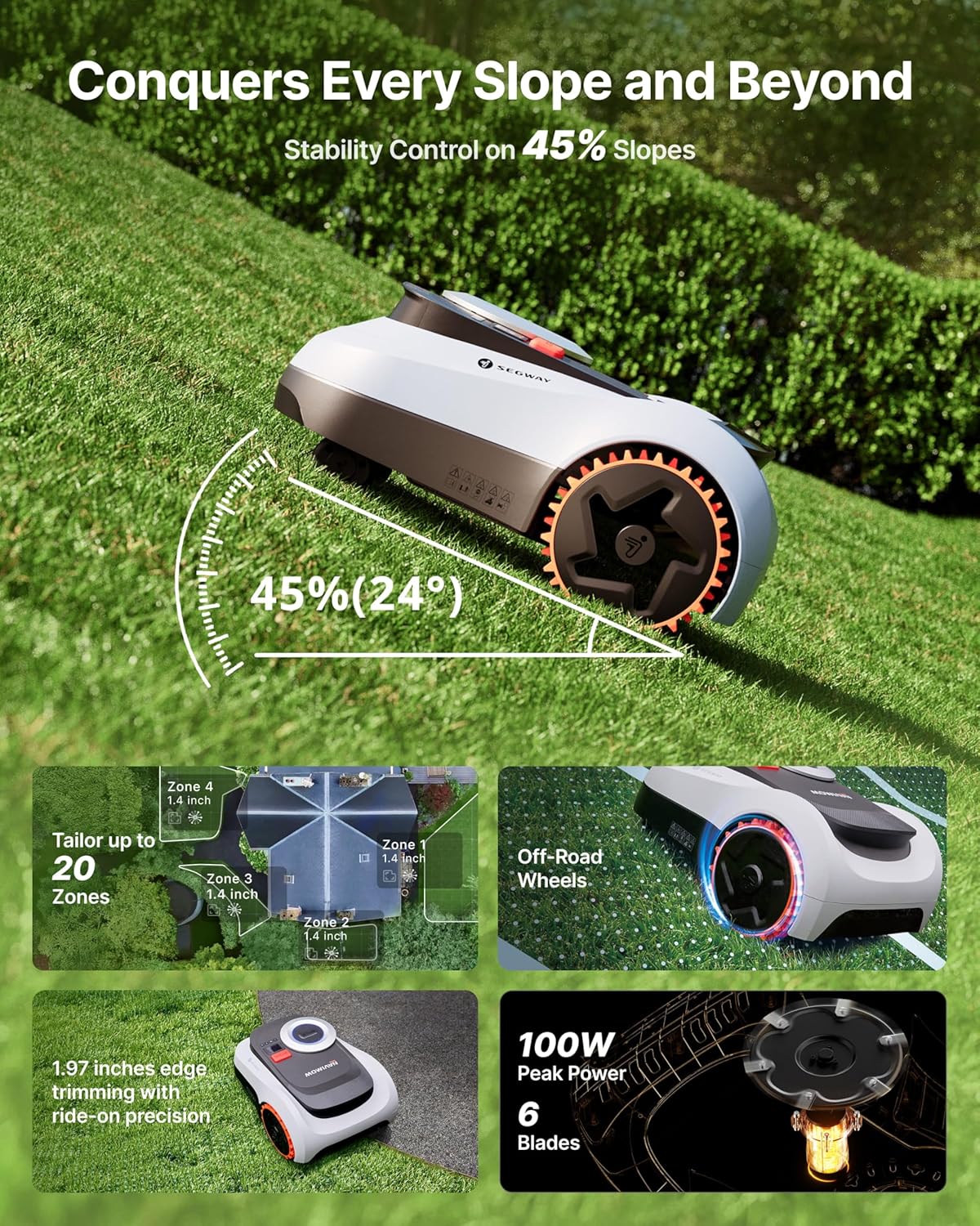 Segway Navimow i215 LiDAR Robot Lawn Mower, Wire Free Robotic Lawn Mower for 0.37 Acre, LiDAR & Vision Dual Fusion, Auto Mapping, Off-Road Wheels for 45% Slopes, Quiet 59 dB(A) Mowing