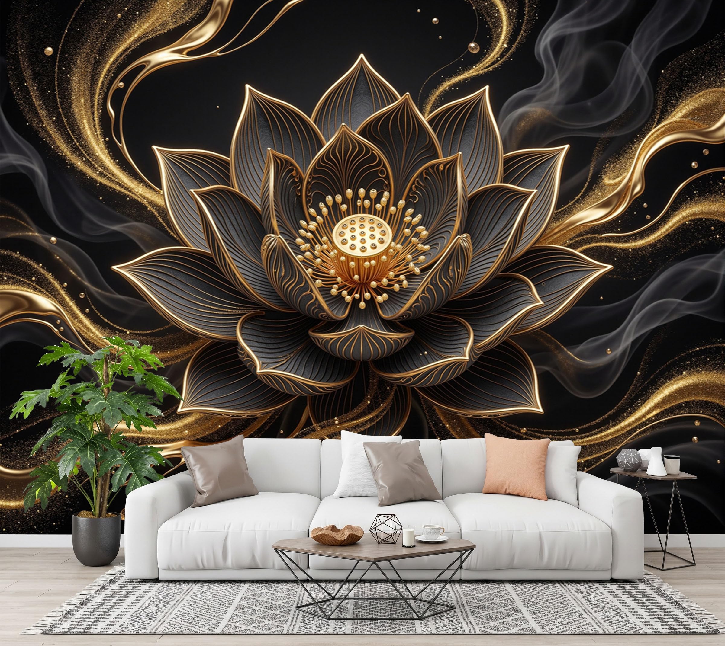 Papier Peint Panoramique 350X256Cm Relief De Lotus Doré En 3D | Noir Papier Peint Intissé Tapisserie Poster Décoration Murale Pour Salon Chambre - Plante De Luxe Ciel Étoilé
