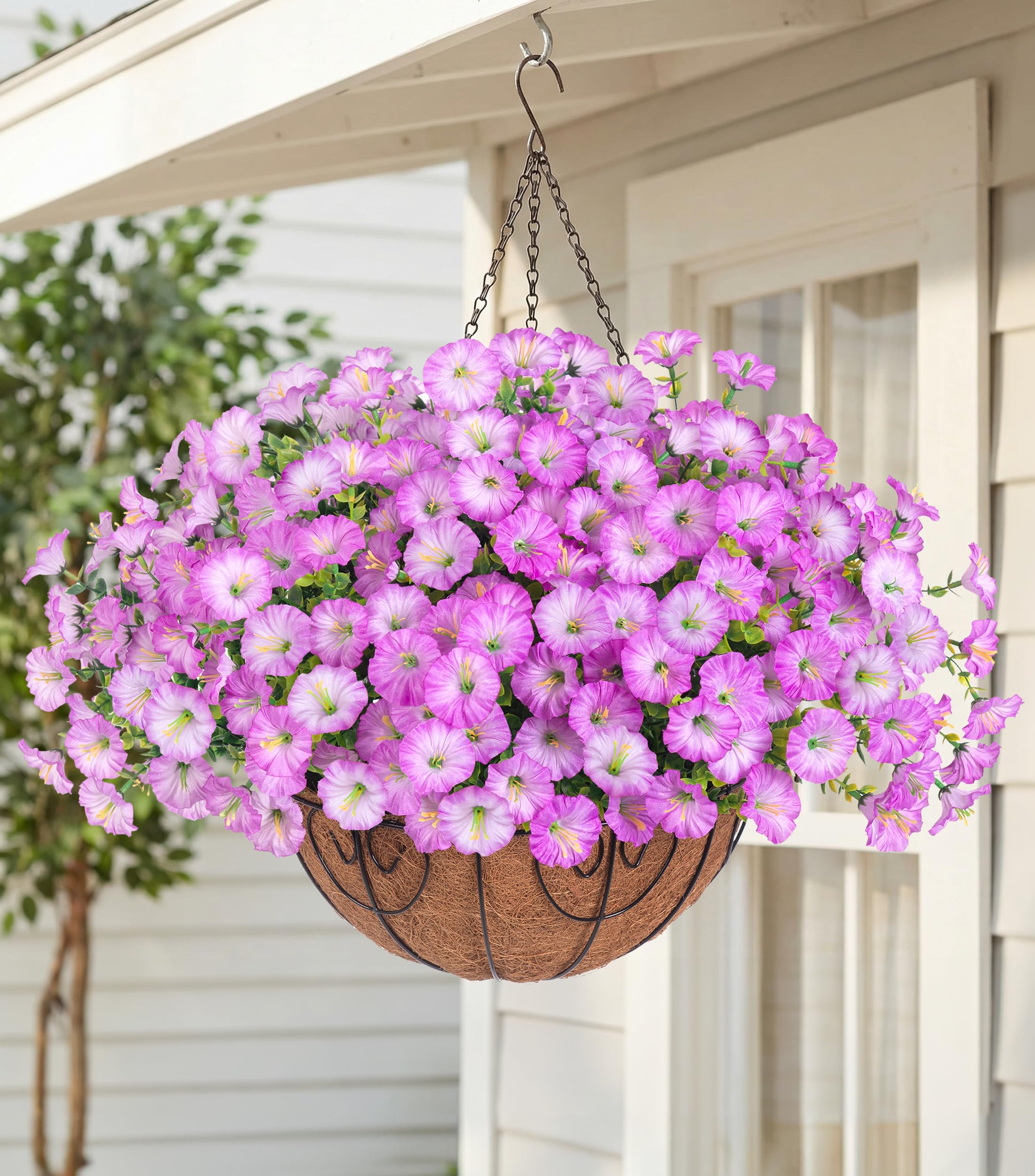 Artificial Fake Hanging Flowers Plants Baskets for Outdoor Outside Summer Decoration, Faux Silk Morning Glory in Planter UV Resistant Realistic for Home Porch Patio Balcony Garden Yard