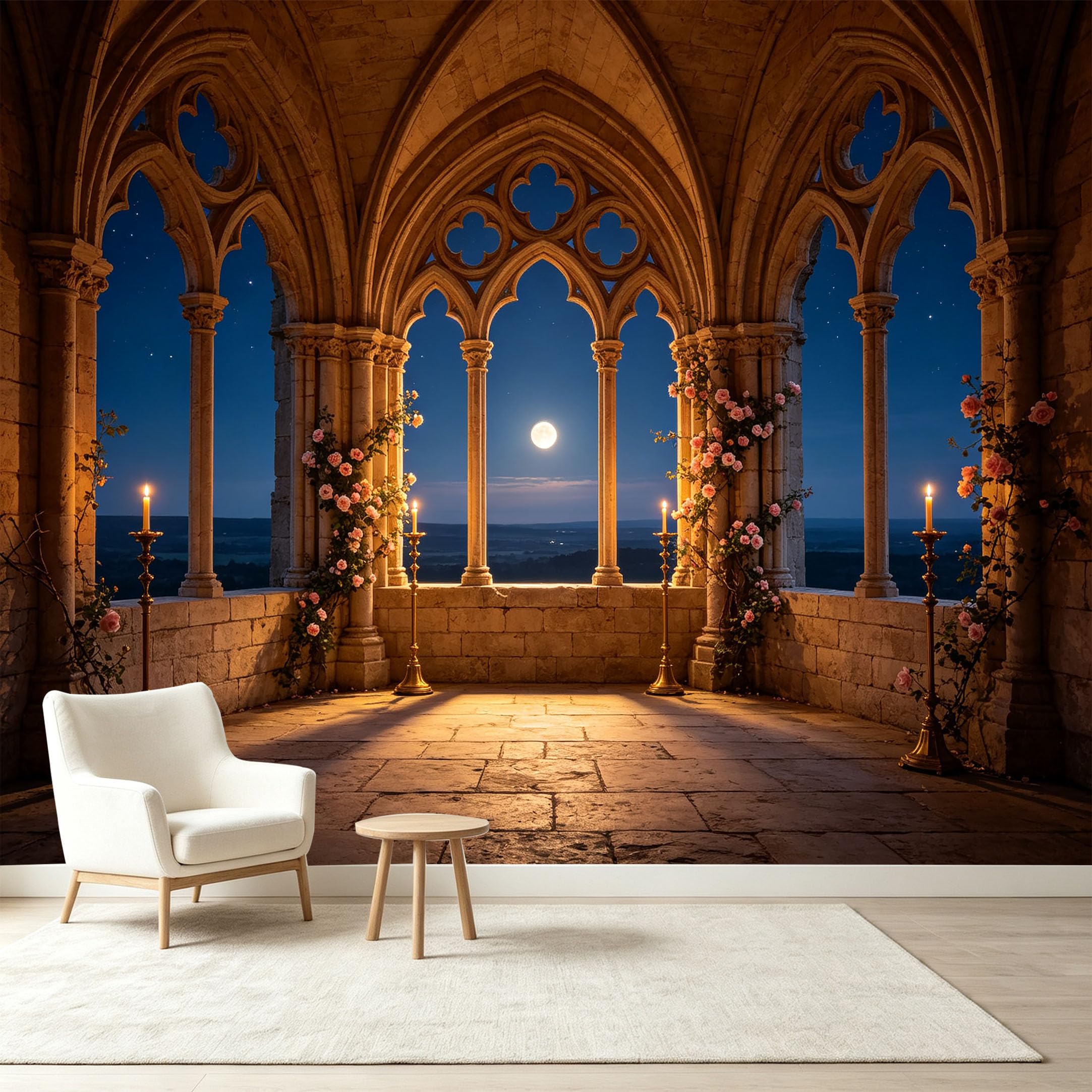 Custom Size Wall Murals Gothic Cathedral Archway Full Moon Night Rose Vines Candles 3D Trompe L'Oeil Self-Adhesive Wall Fabric Removable Wallpaper Wall Decor for Living Room Bedroom Bathroom