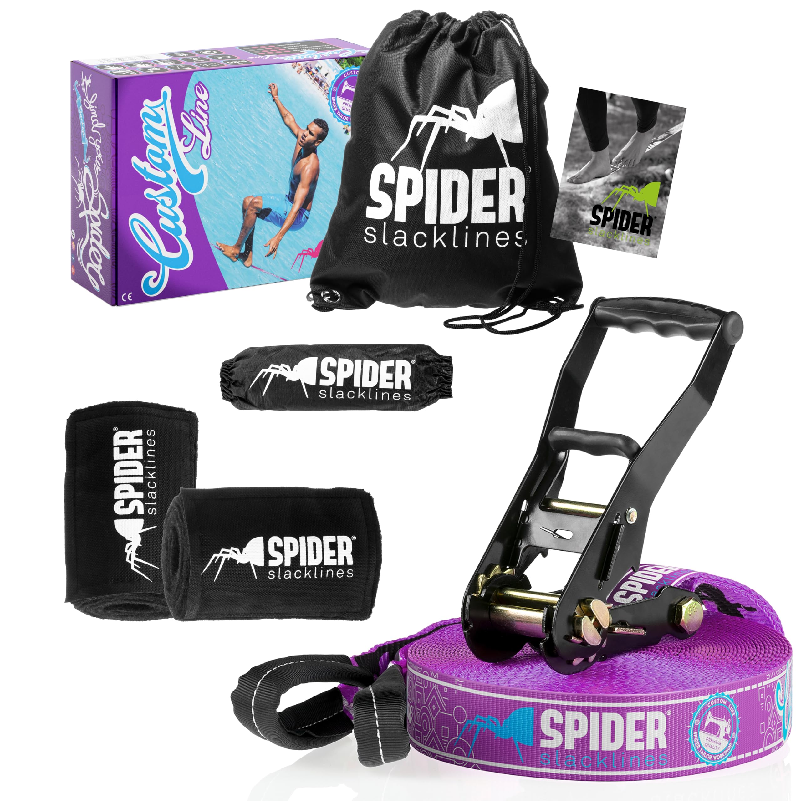 TKSA2 - Kit Slackline Custom - Matériel de Haute qualité pour slackliners avancés ou débutants - Set Complet de Sangle de 20 m de Longueur 1xCliquet