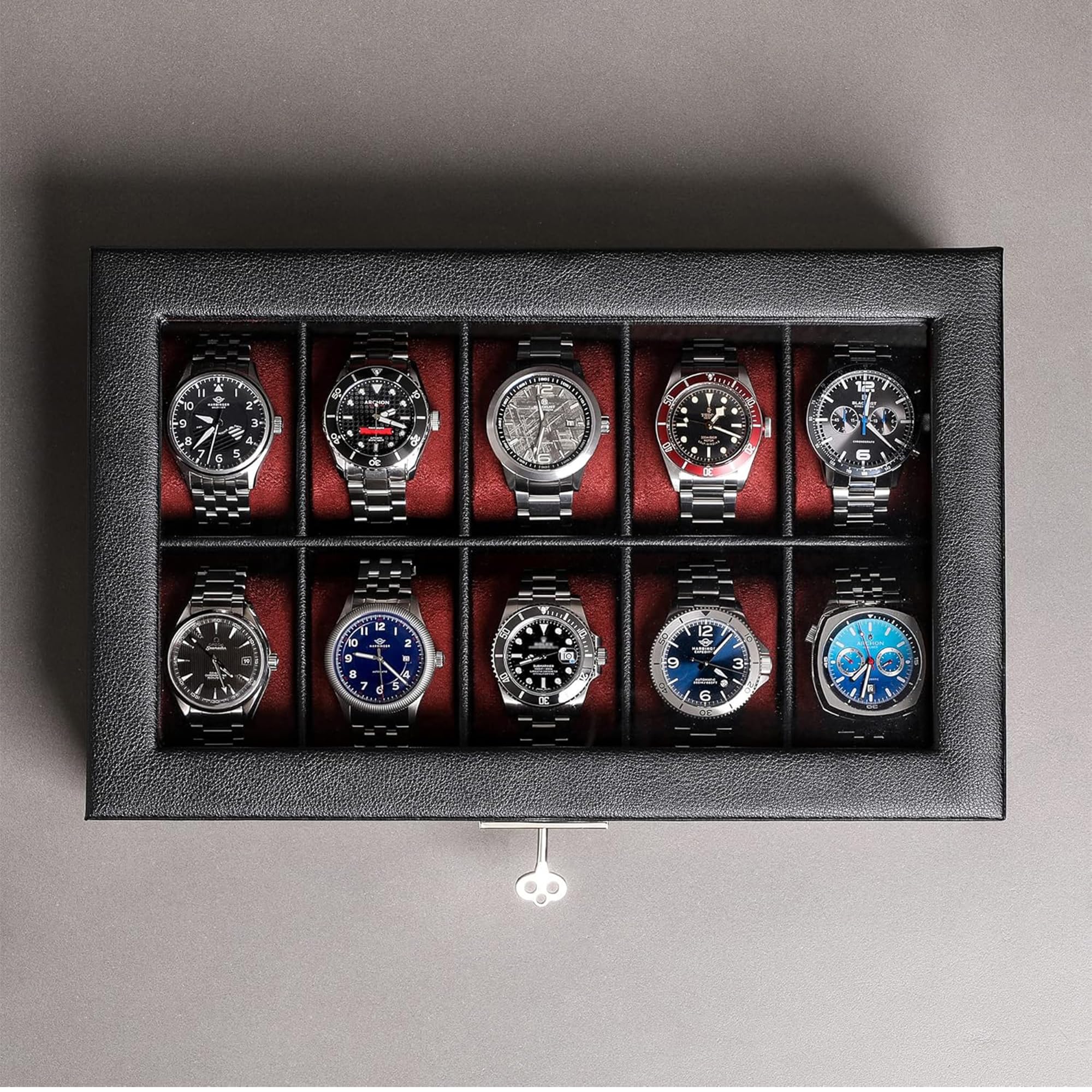 ROTHWELL Boîte à montres en cuir à 10 emplacements – Ecrins pour montres de luxe avec doublure en microsuède ultra douce, support verrouillable avec grand plateau en verre (Noir/Rouge)