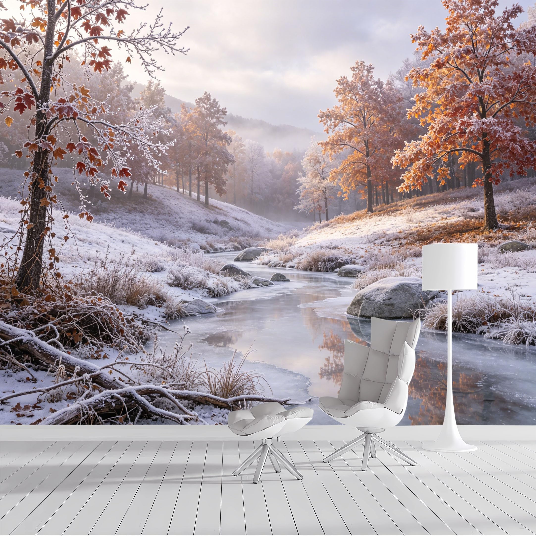 Custom Size Wall Mural Winter River Frost Landscape Panoramic Watercolor SelfAdhesive Wall Fabric Removable Peel and Stick Wallpaper Wall Decor for Living Room Bedroom Bathroom