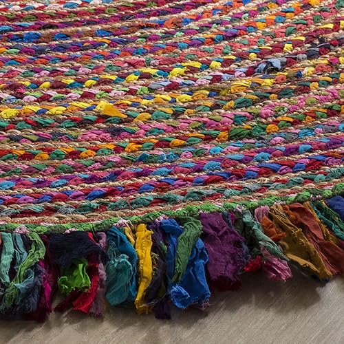 Miniatura 4 de SAFAVIEH Cape Cod Collection CAP206A - Alfombra redonda de yute y algodón, 8 pies, hecha a mano, con flecos, color marfilrojo