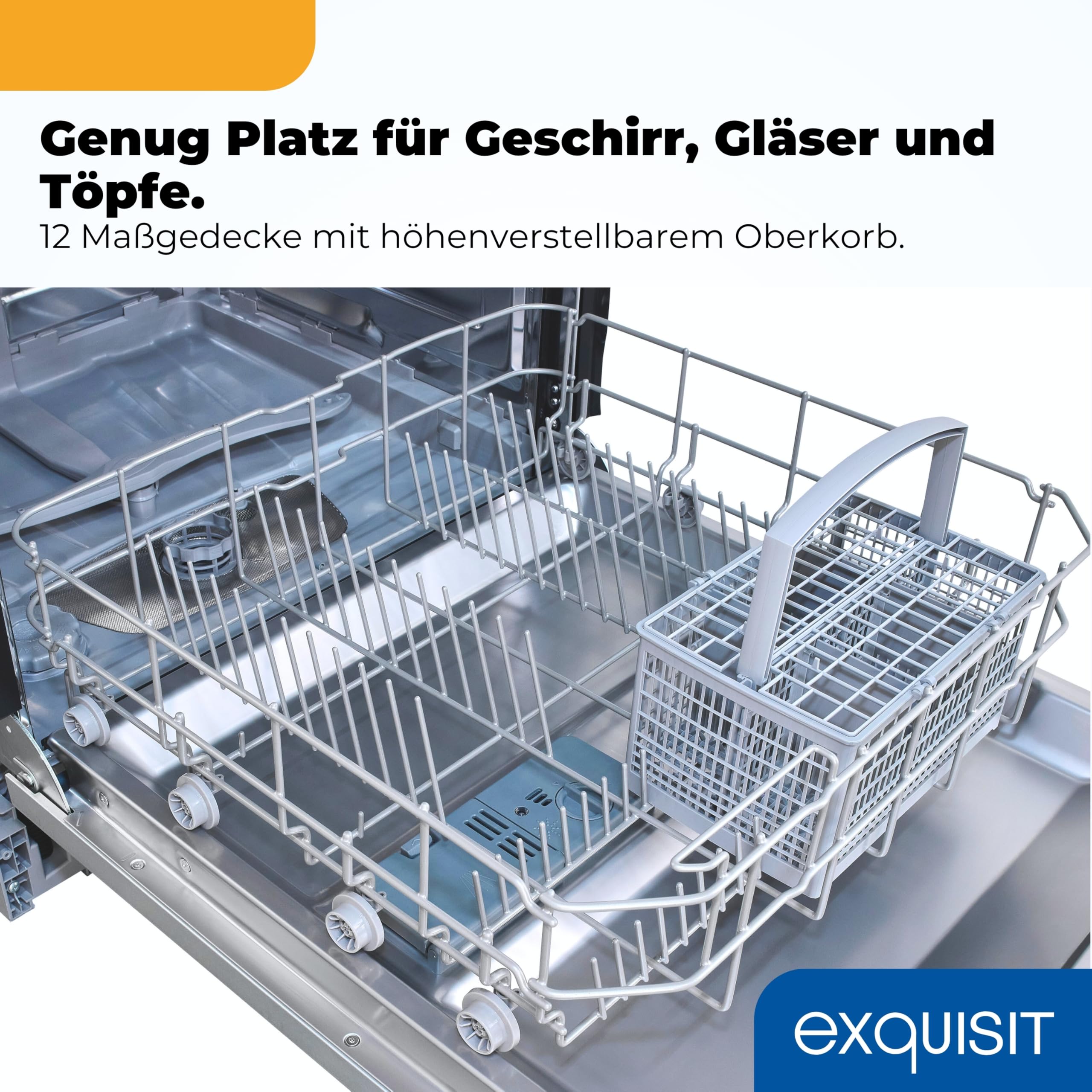 Exquisit EGSP56312 Einbau-Geschirrspüler - Teilintegriert 60 cm, 12 Gedecke | Spülmaschine mit 7 Programmen, Aquastop und Startzeitverzögerung. Inox-Blende, Halbe Beladung sowie LED-Display.