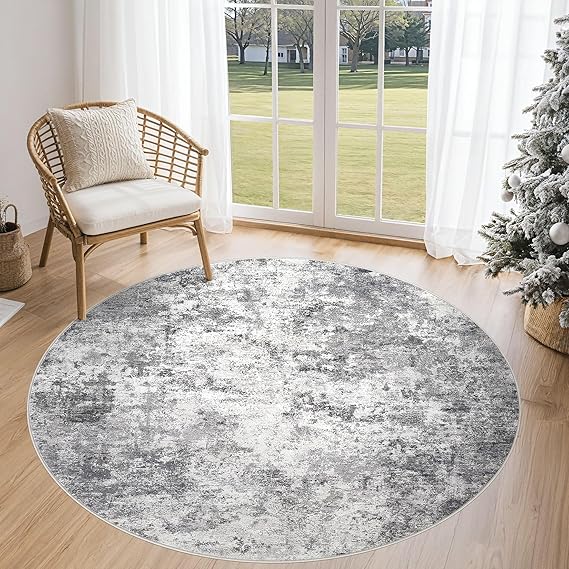 5ft Round Area Rug Living Room Rugs - 5x5 Washable Neutral Modern Abstract Soft Thin Rug Indoor Floor No Slip Rug Carpet for Bedroom Under Dining Table Home Office Decor - Grey