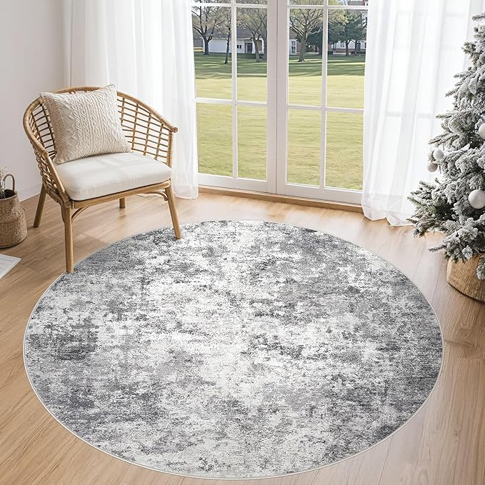 5ft Round Area Rug Living Room Rugs - 5x5 Washable Neutral Modern Abstract Soft Thin Rug Indoor Floor No Slip Rug Carpet for Bedroom Under Dining Table Home Office Decor - Grey