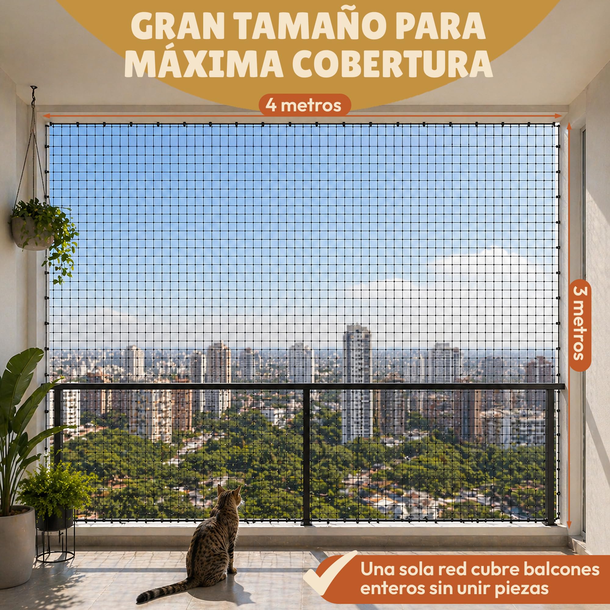 Para Gatos Terraza Reforzada Con Acero, Malla Metálica De Seguridad Anticaídas Balcón, Ventanas Y Exterior Kit Completo Instalación 25 Bridas, Tacos Ganchos Resistentes, Red, 4x3m