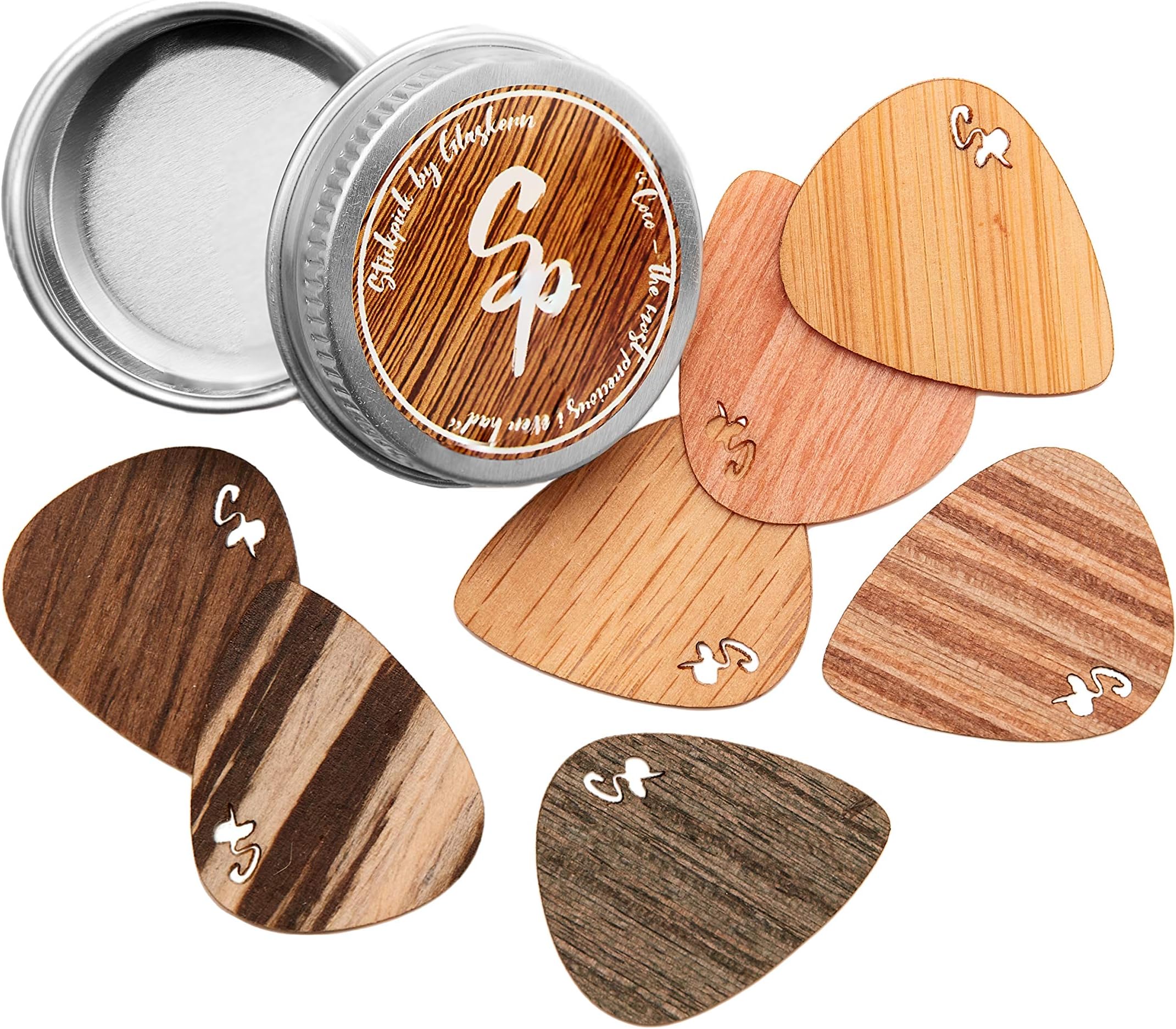 Generisch Stickpick | Set of 7 flexible guitar picks made of real wood | For electric, acoustic and bass guitars in different strengths | In aluminum can | Sustainably manufactured | Made in Germany