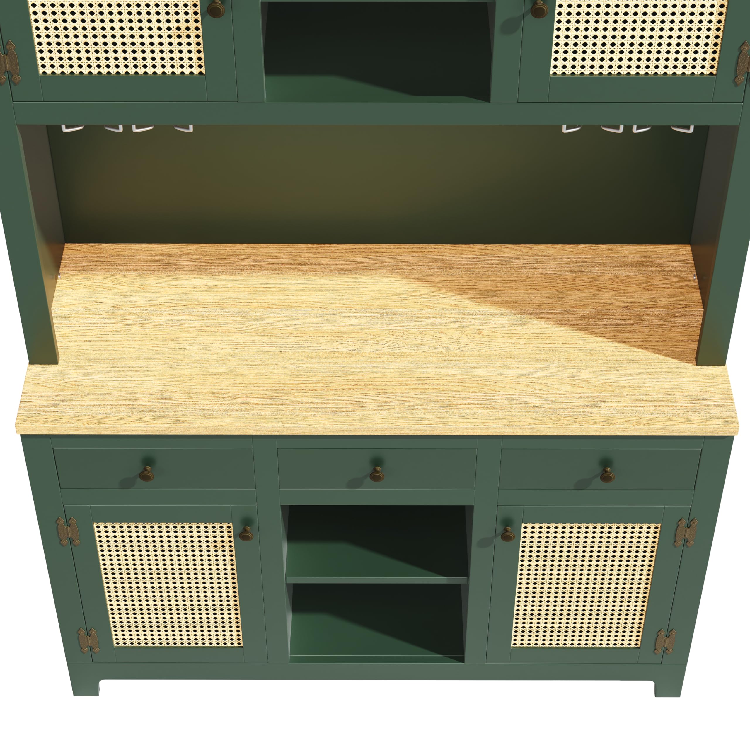 Merax Küchenschrank 180cm hoch mit LED, Hochschrank Sideboard für Küche mit Arbeitsplatte, Buffetschrank mit Verstellbare Einlegeböden & 4 Rattantüren & 3 Schubladen & Weinglasregal, Kippschutz, Grün