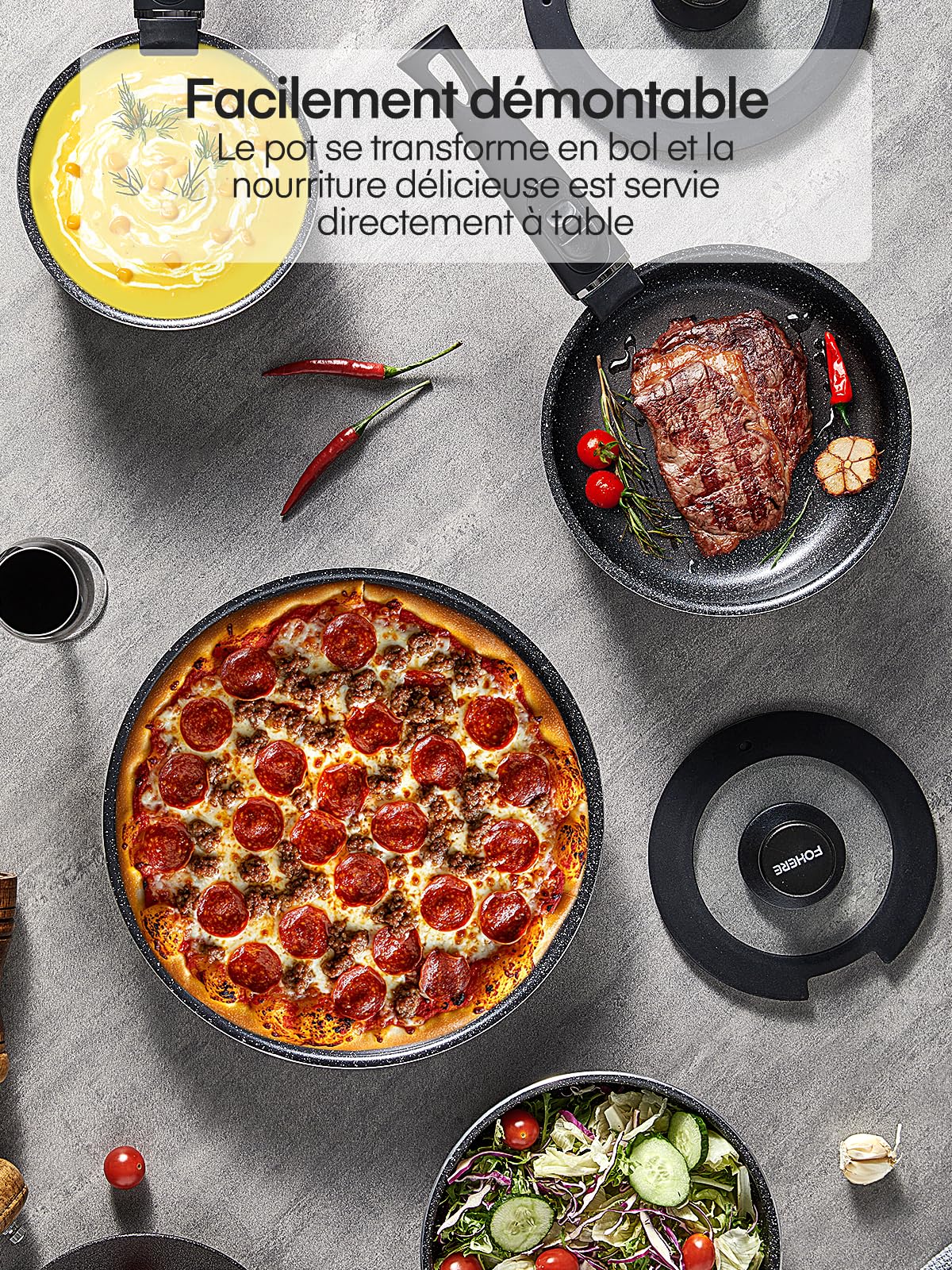 FOHERE Set Poêle et Casserole Induction 8 Pièces avec 2 Poignées Amovibles | Avec 2 Couvercle, Poêles 20/28 cm, Casserole 16/20 cm, Tous Feux Dont Induction, Revêtement Antiadhésif, Aluminium