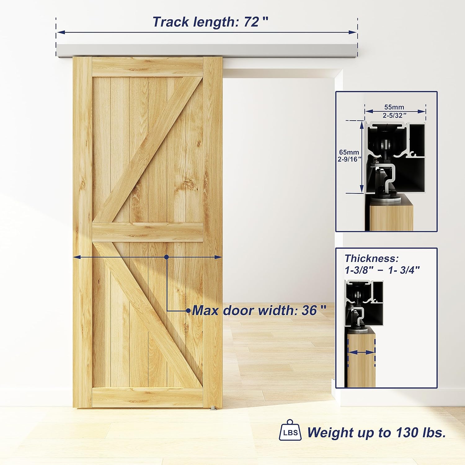 JUBEST 6FT Sliding Barn Door Track Kit, Aluminium Box Rail Wall Mounted Hidden Barn Door Hardware Kit, for Various Modern Doors, Easy to Install, Low Clearance