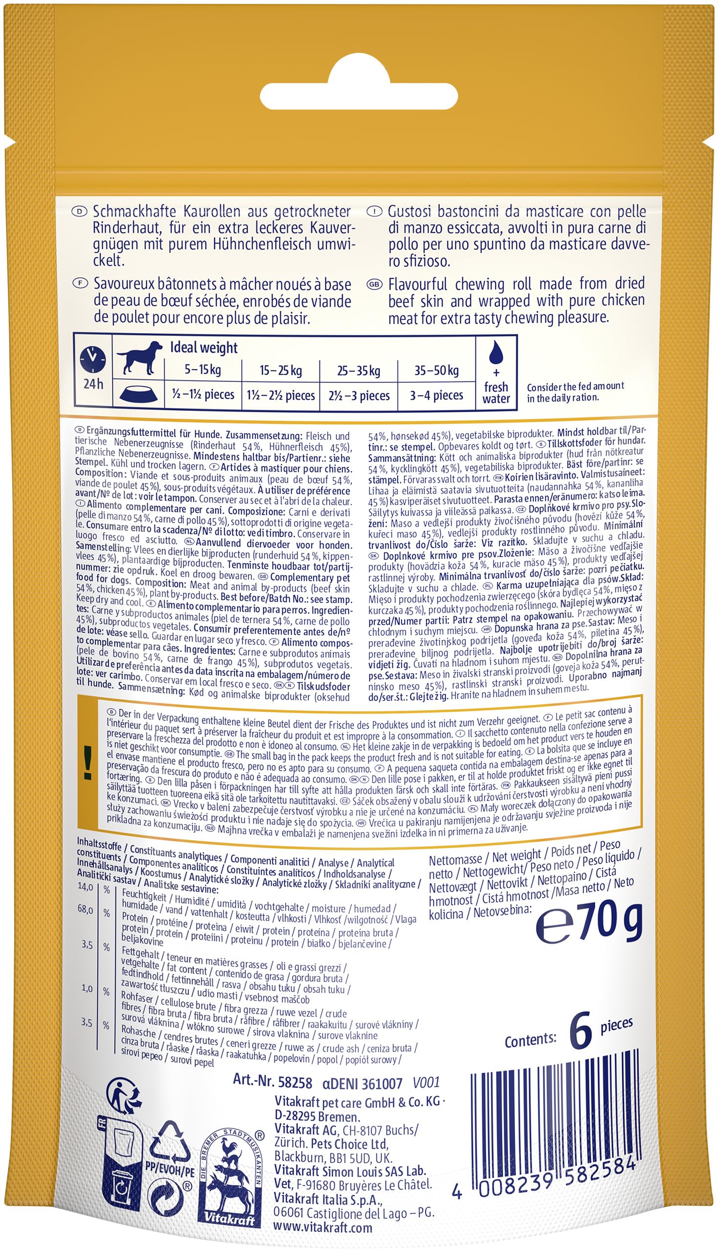 Vitakraft Delicious Chews, Hundekauknochen, Kaurollen aus Rinderhaut umwickelt mit Hühnchenfleisch, zur Beschäftigung, ohne Zusatz von Zucker (10x 70g)
