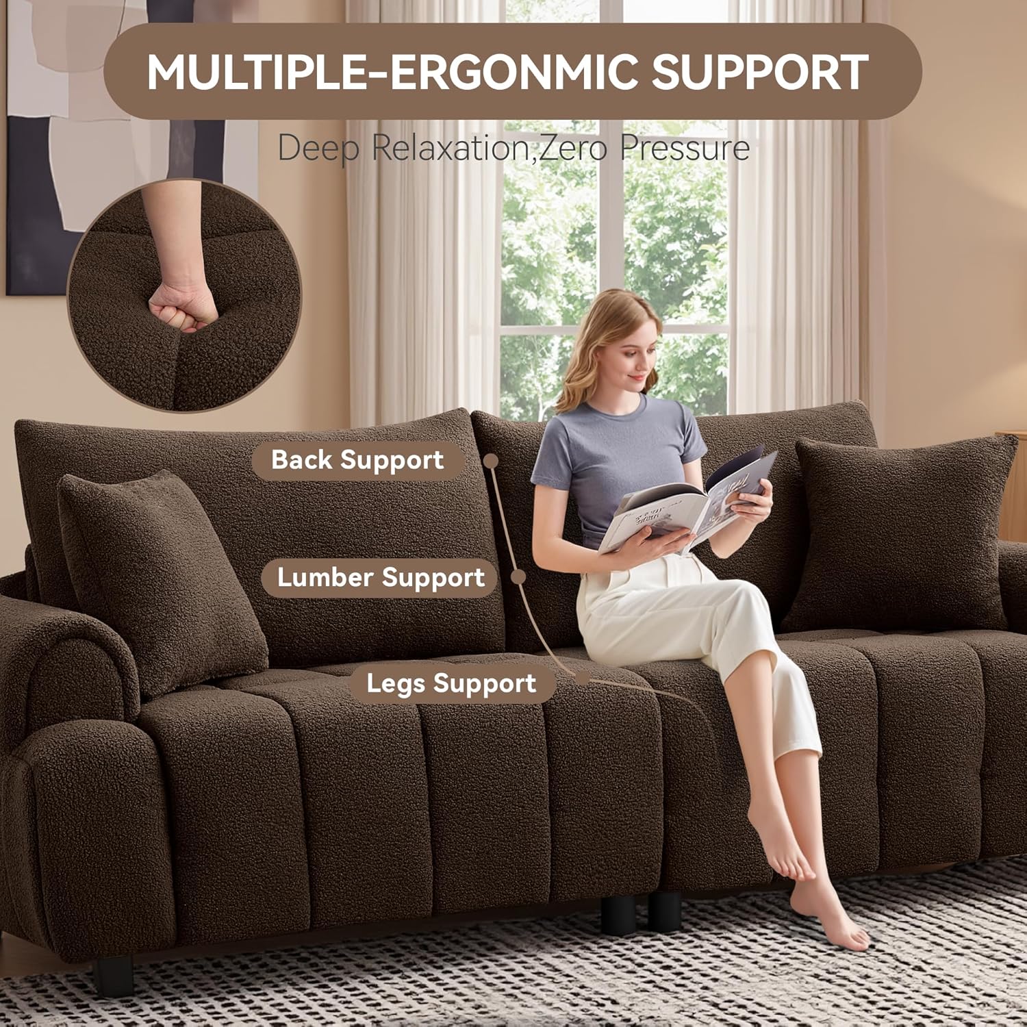 88'' Boucle Loveseat Couch, Modern Oversized 2 Seater Couches with Round Armrest & Solid Wood Frame, Upholstered Sherpa Deep Seat Sofa for Living Room, Bedroom, Apartment, Brown