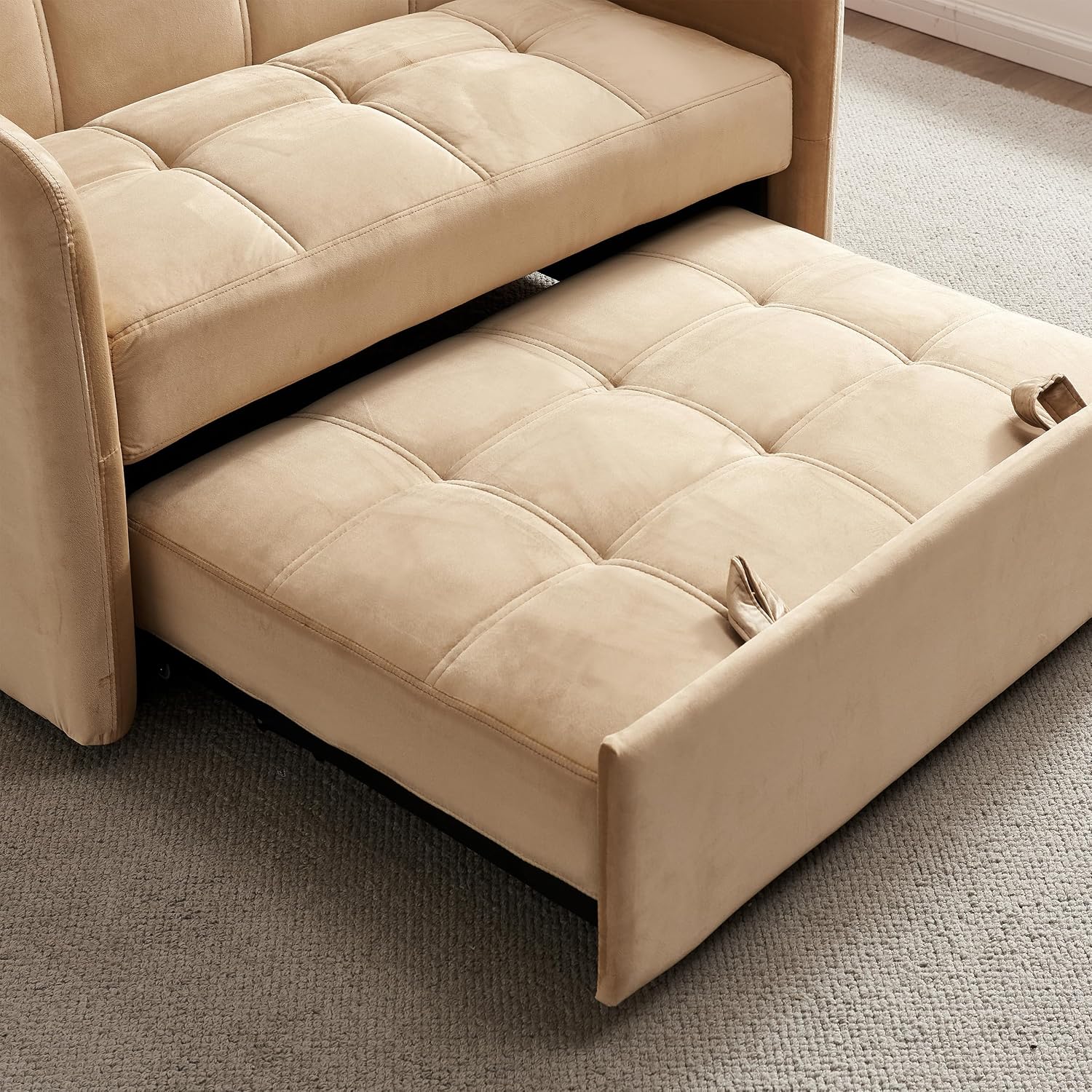 Quarte 55.5" Pull Out Sofa Bed,Modern Velvet Loveseat Sleeper Sofa Couch with 2 Lumbar Pillows,Pockets and USB for Small Living Room (khaki/55.5"#)