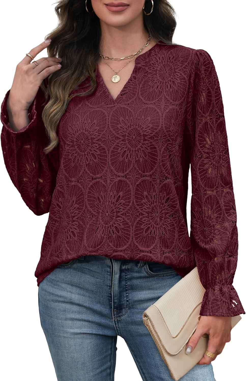 RUMIA Womens Blouses V Neck Eyelet Lace Tops with Lining Dressy Sheer Long Sleeve Shirts Embroidered Blouses 2025 Fashion - Image 4