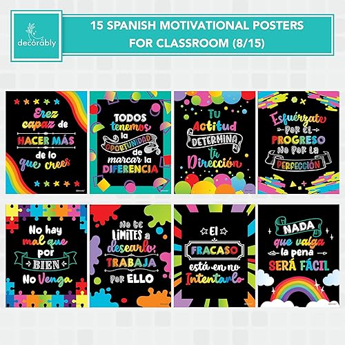 Miniatura 3 de Decorably 15 vibrantes carteles motivacionales de pizarra española para el aula, secundaria, primaria, 11 x 14 pulgadas, laminado mate, póster