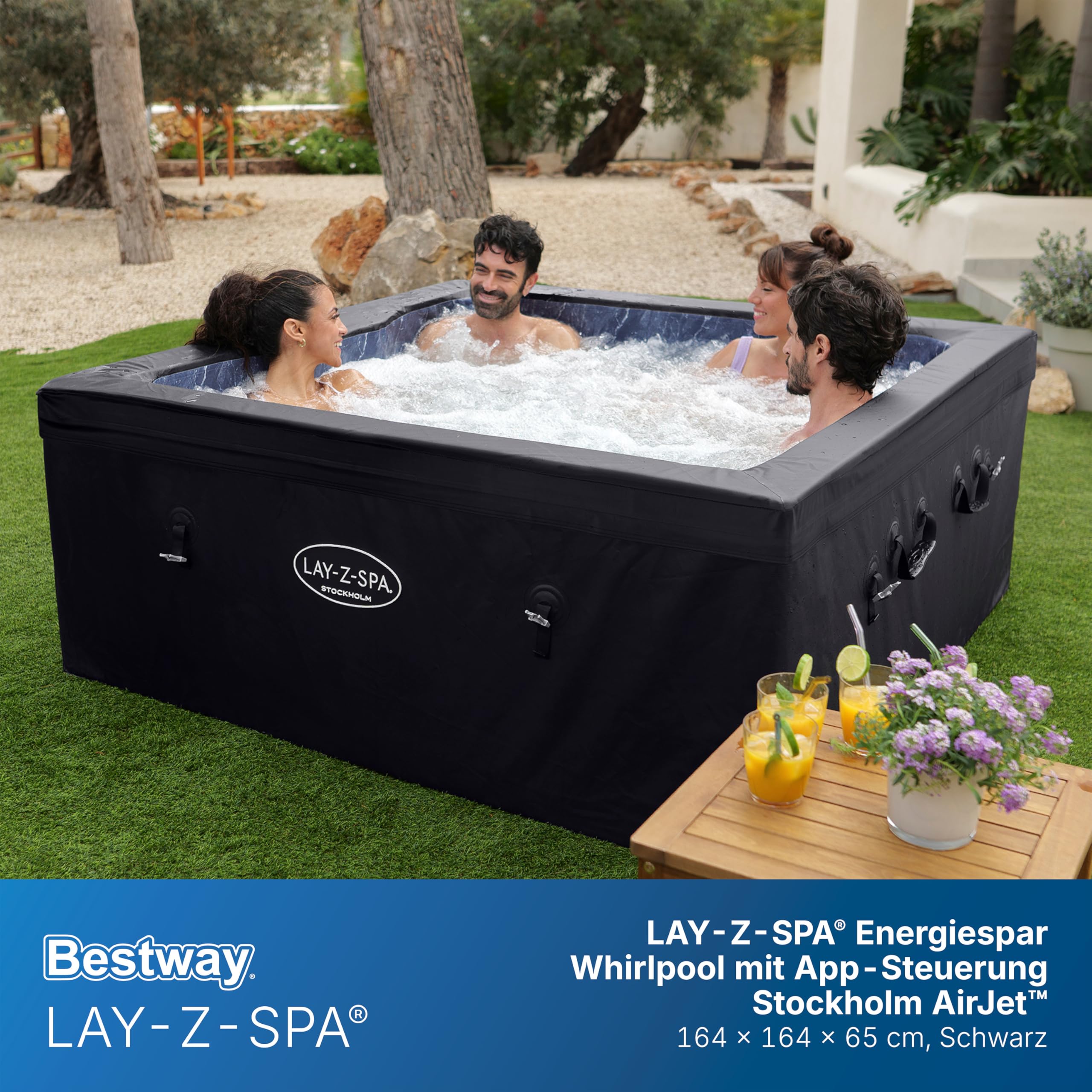 Bestway Lay-Z-SPA Stockholm AirJet Energiespar-Whirlpool 164x164 cm – Smarter Pool für 6 Personen mit App-Steuerung, 40°C Heizung, ThermaCore Isolierung & 140 Massagedüsen, Winterfest & Schwarz