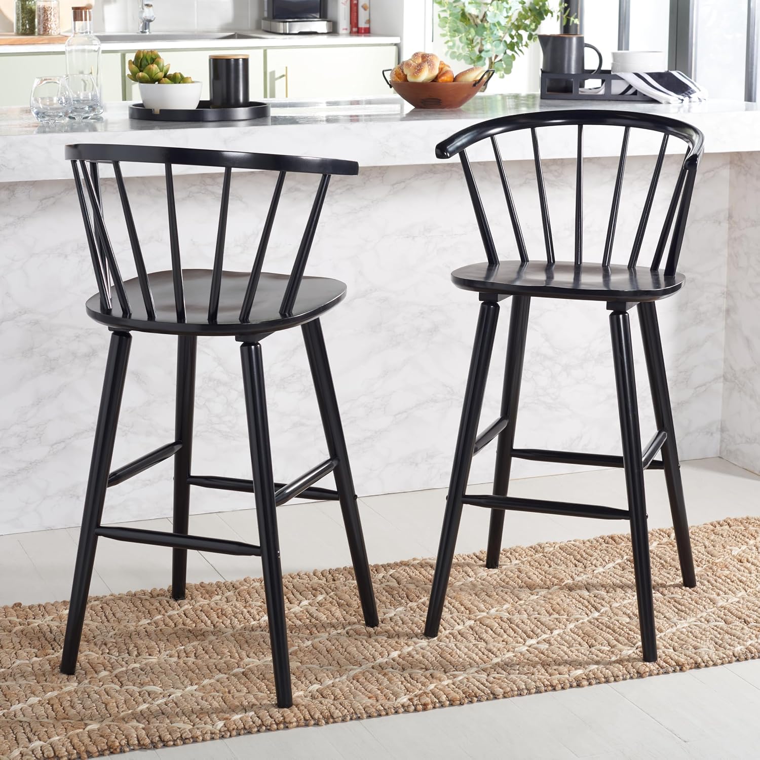 SAFAVIEH Home Collection Blanchard Farmhouse Black Solid Wood Windsor Spindle 29-inch Seat Height Bar Stool Set of 2