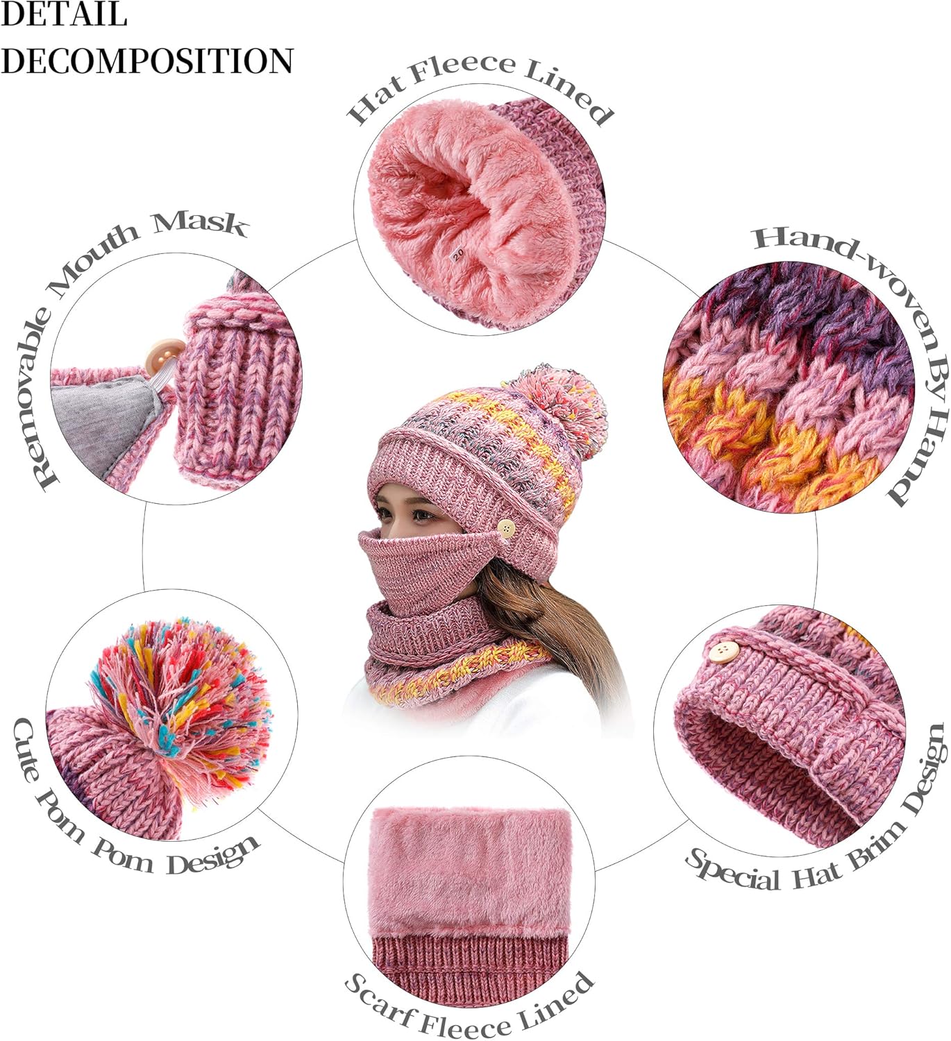 Womens Girls Knit Beanie Scarf Mask Set Soft Warm Fleece Lined Winter Ski Hat with Pompom