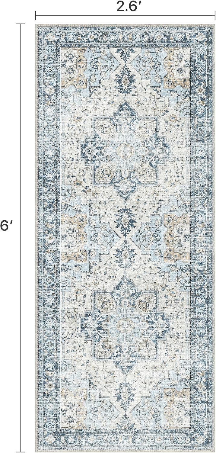 Runner Rug 2'6''x6, Non Slip Vintage Hallway Runner Rugs, Machine Washable Runners, Low Pile Lightweight Mat for Entryway, Hallway, Kitchen and Corridor, Blue