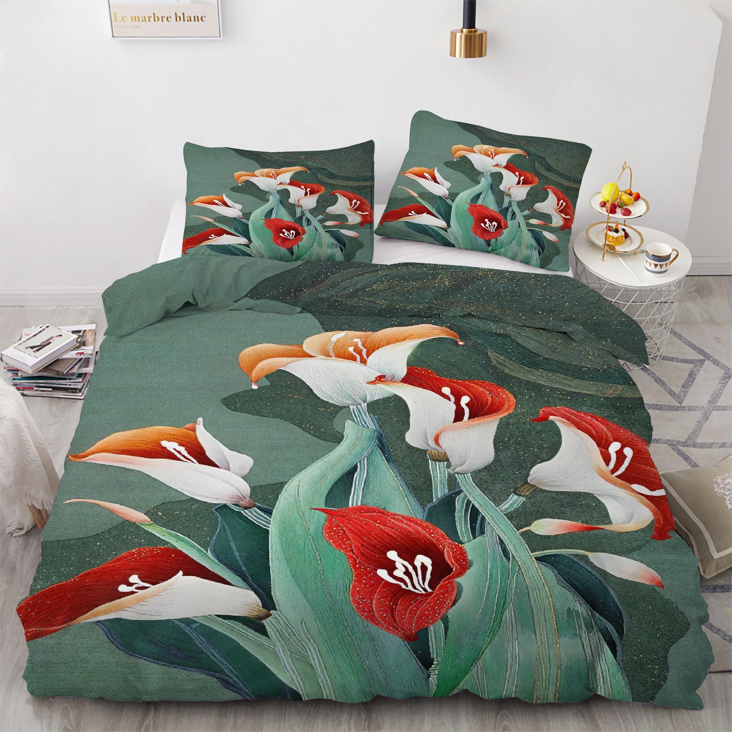 Parure de lit 160x200 cm avec housse de couette imprimé lys Calla et 2 taies d'oreiller microfibre