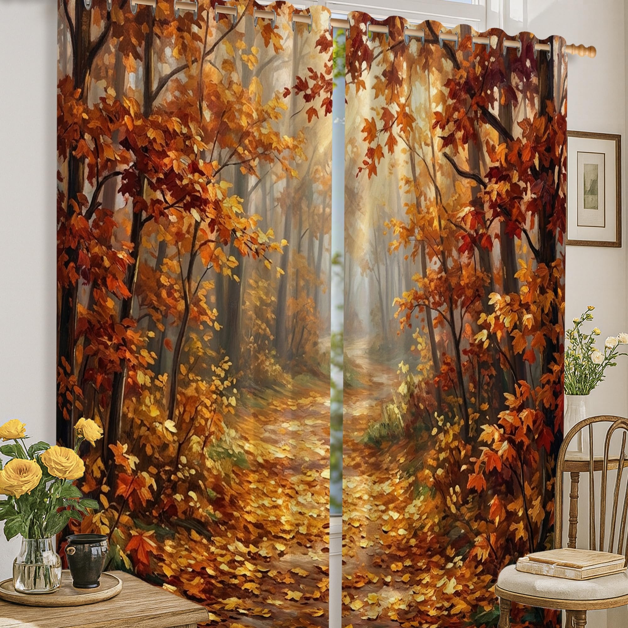 Rideau occultant imprimé arbres d'automne orange, finition haut de gamme