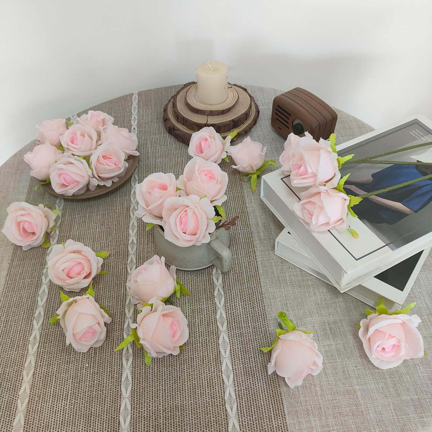 Fake Light Pink Flower Heads for Craft,2.5'' Light Pink Rose Heads Artificial Flowers,54 Pcs Silk Rose Heads Bulk,Satin Rose Heads with Stems for DIY Flower Well,Crafts Bouquest - Image 4