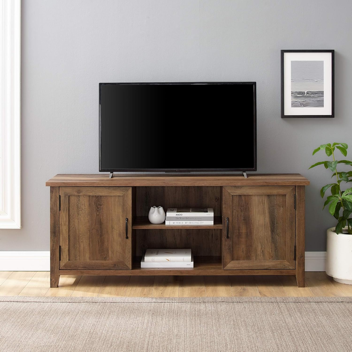 Walker Edison Buren Classic Grooved Door TV Stand for TVs up to 65 Inches, 58 Inch, Rustic Oak : Home & Kitchen