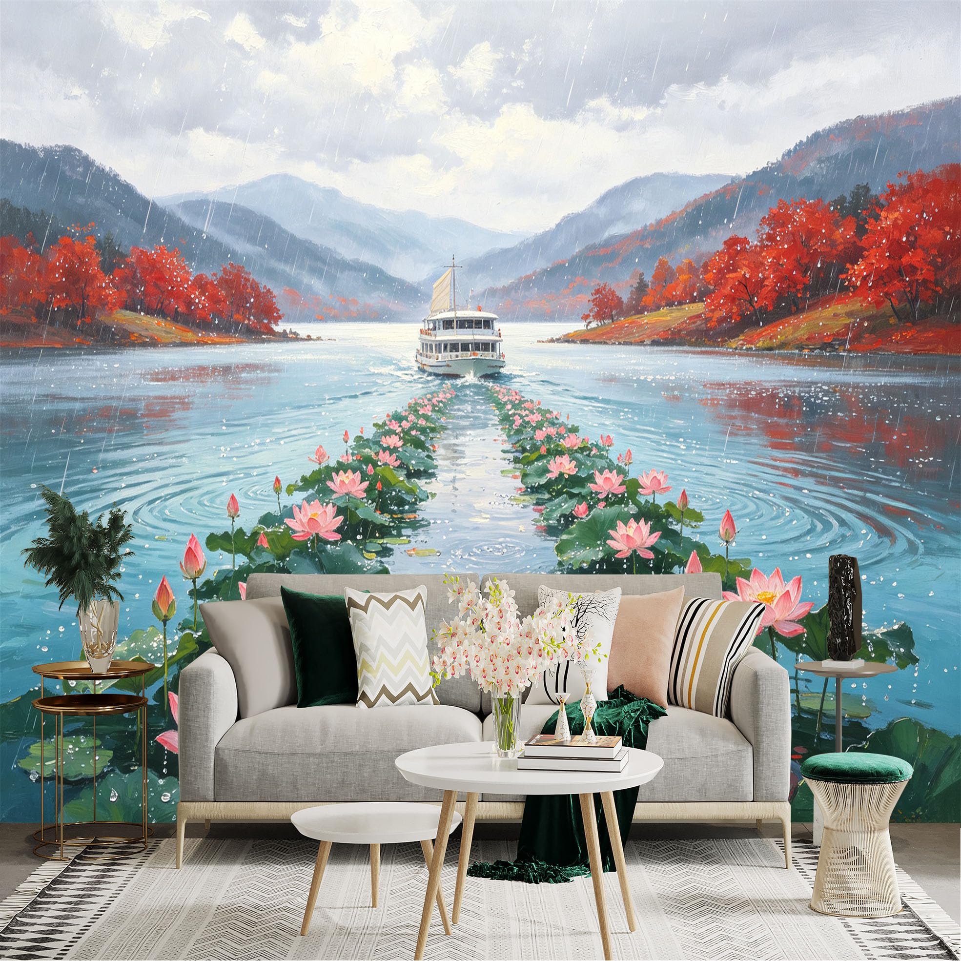 Custom Size Wall Sticker Mural， Rainy Lake with Cruise Ship， Lotus Flowers and Swimming Ducks， Autumnal Red Foliage， for wall Decoration， peelandstick wall Decals.